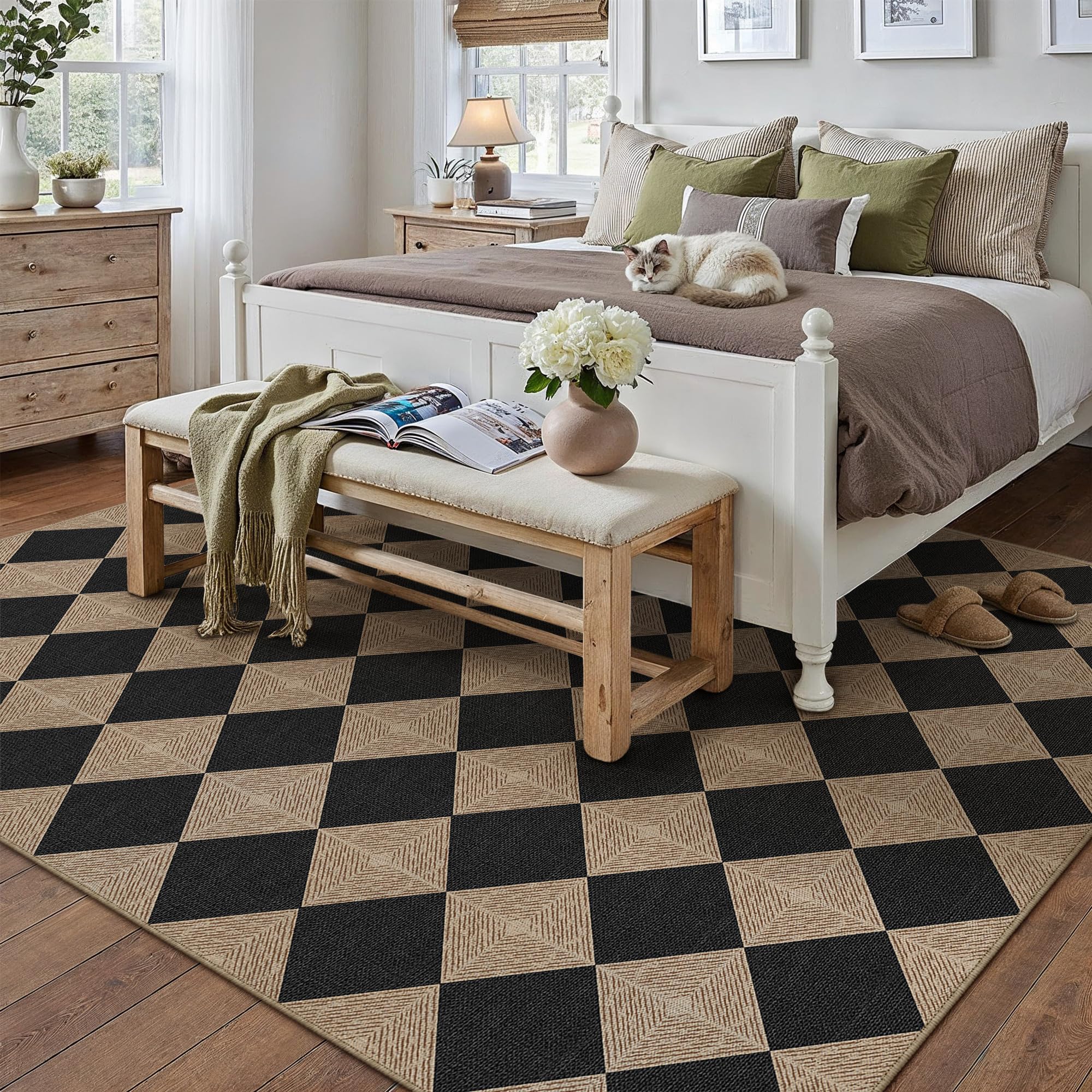 PureCozy 5x7 checkered rug rolled up showing packaging