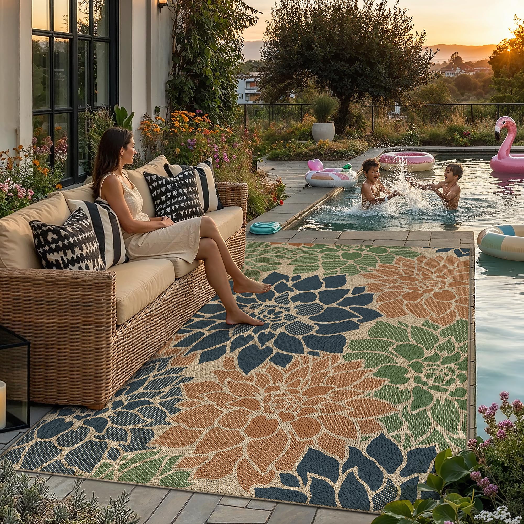 PureCozy 5x7 Outdoor Rug laid on a patio