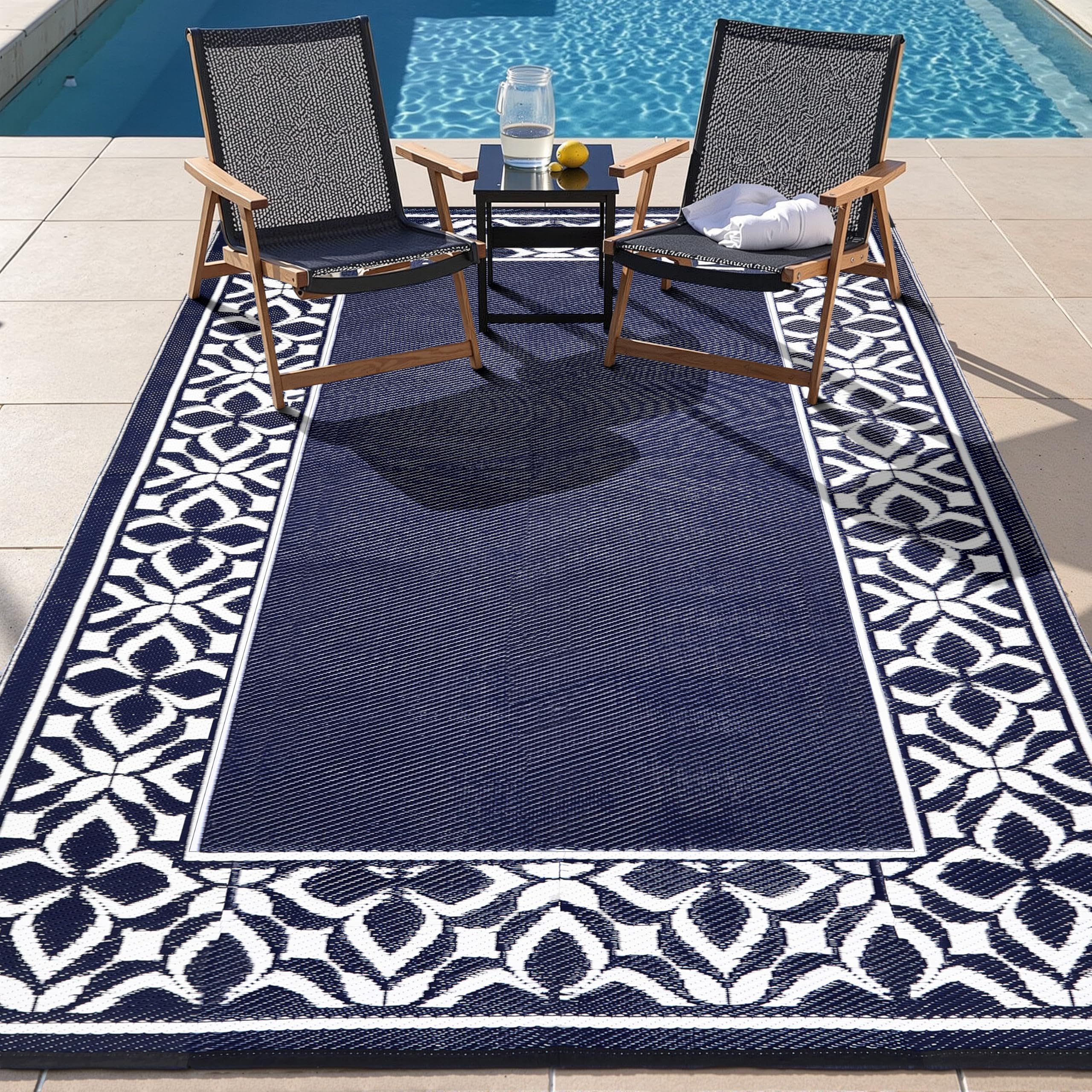 PureCozy 5x8 outdoor rug navy blue geometric design front view