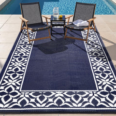 PureCozy 5x8 outdoor rug navy blue geometric design front view