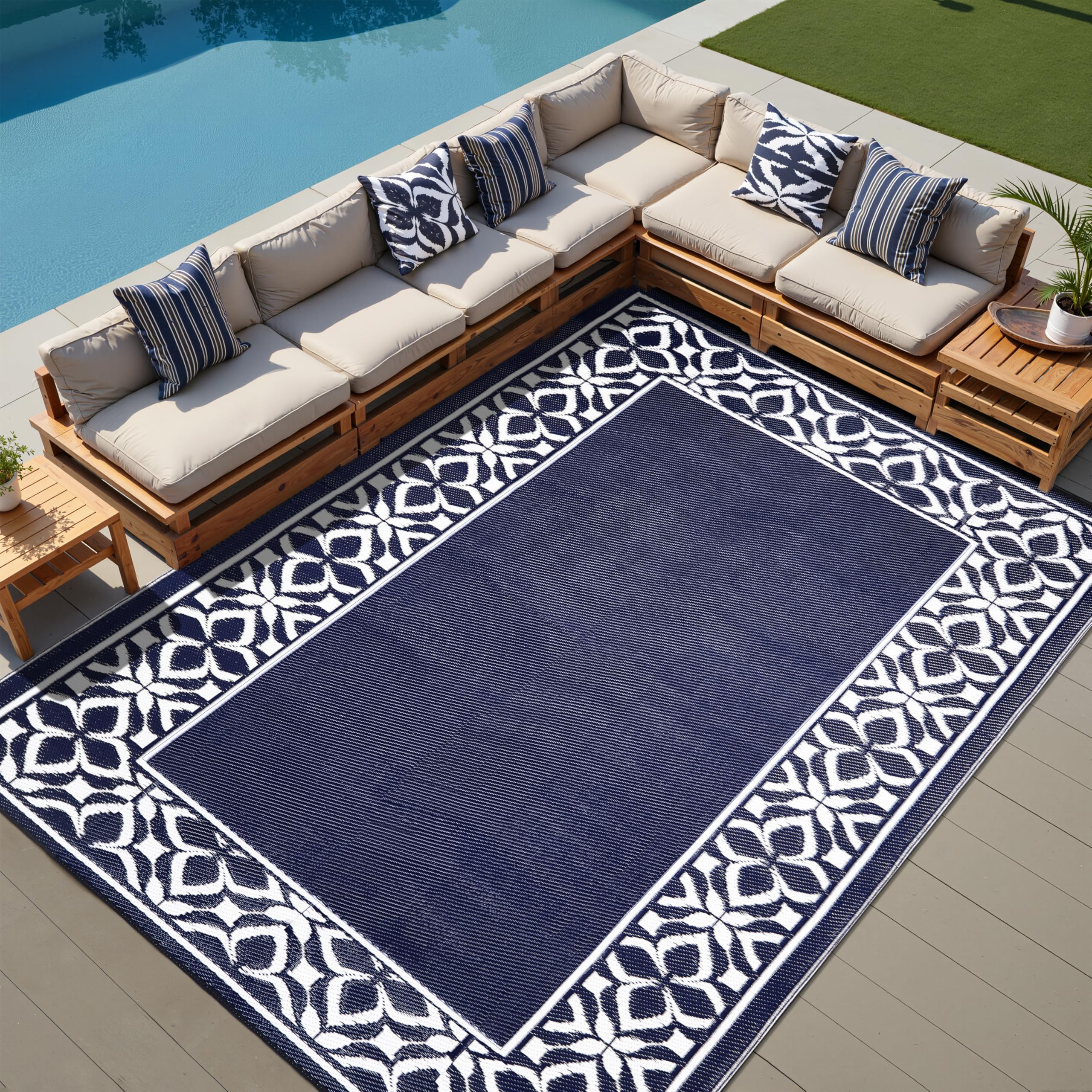 PureCozy 5x8 outdoor rug on a patio setting
