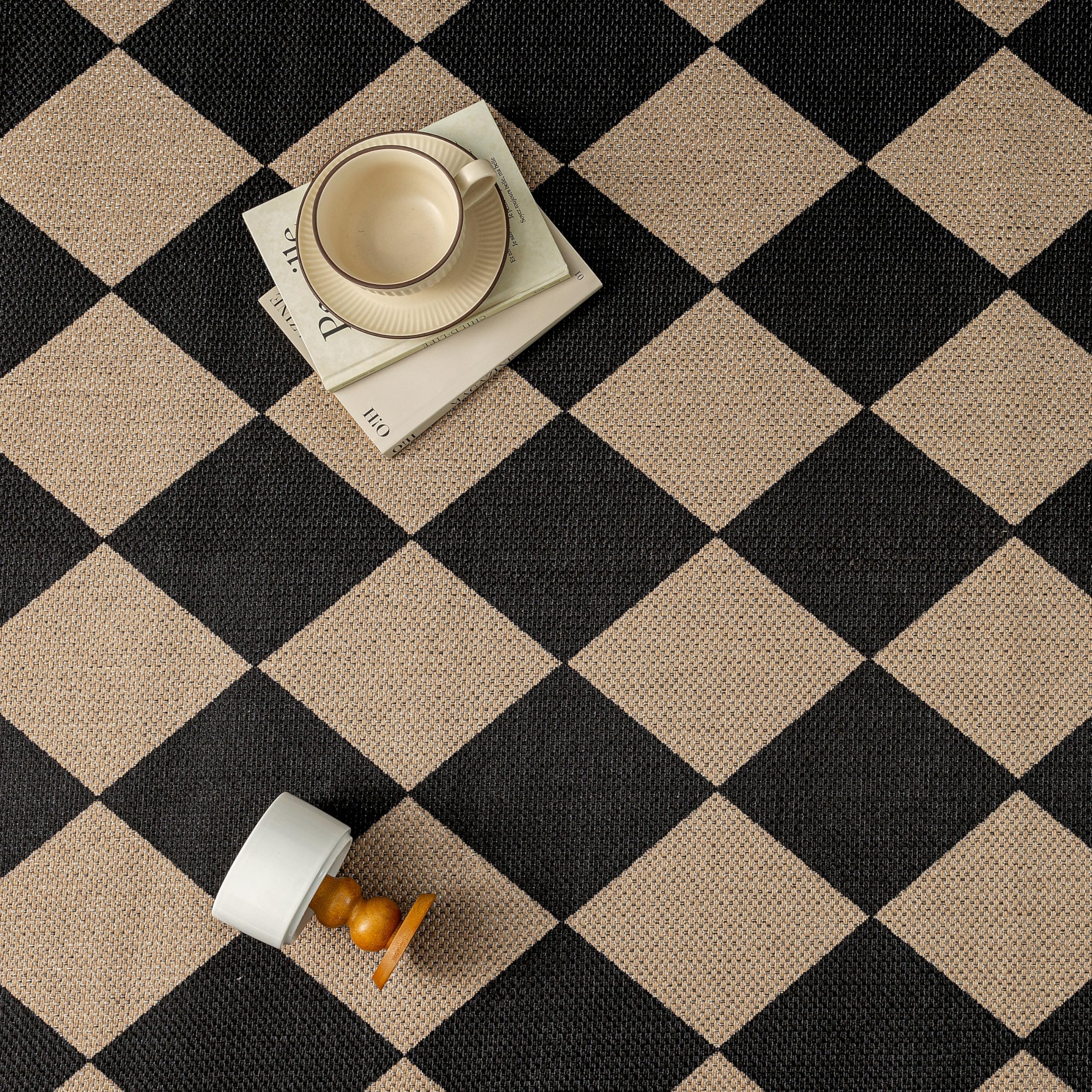 PureCozy black checkered runner rug showing TPE backing