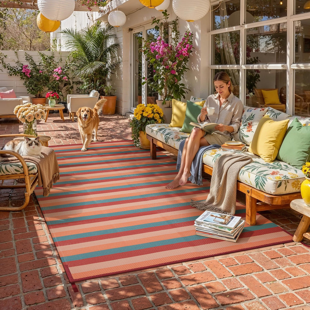 PureCozy orange red stripe outdoor rug in garden setting