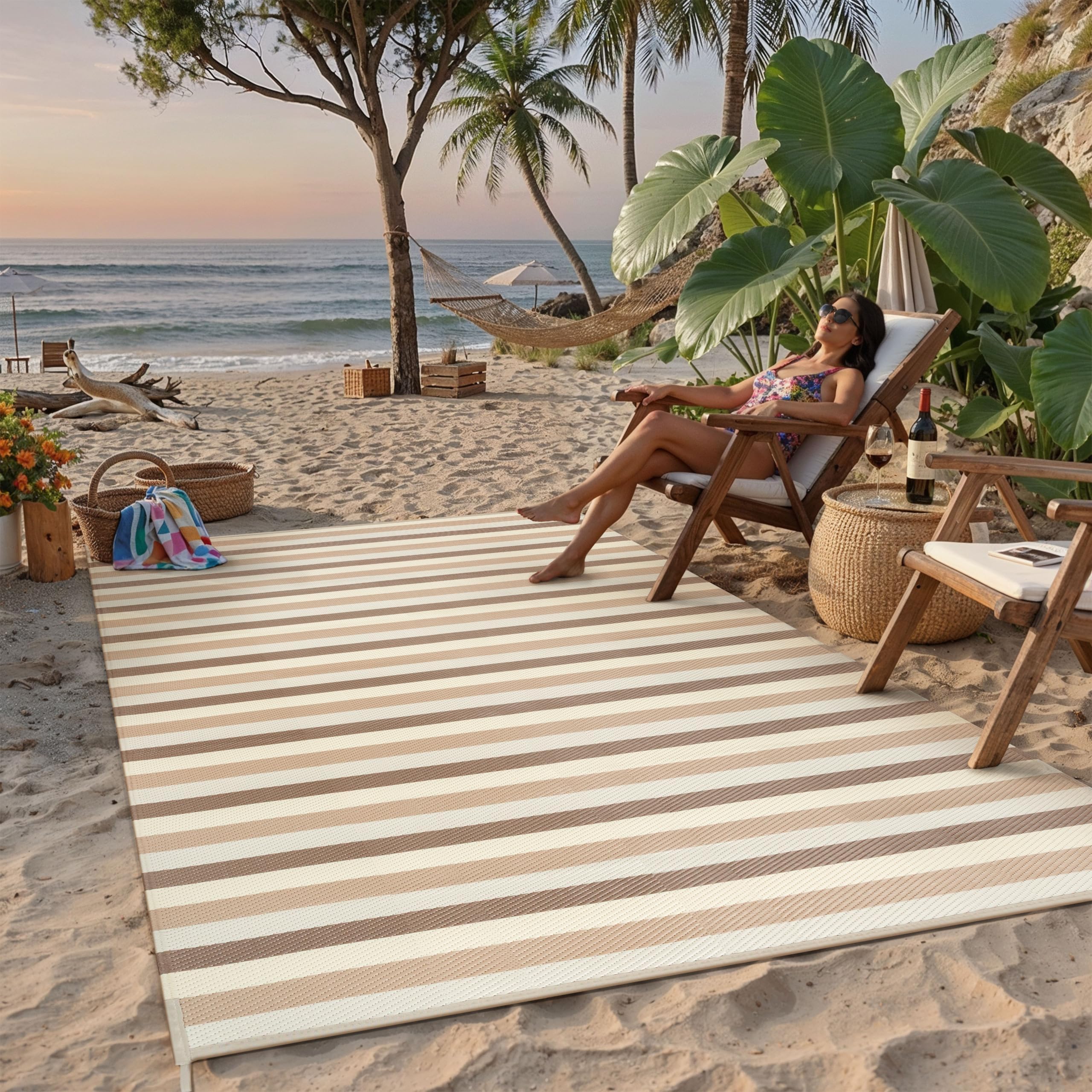 PureCozy outdoor rug beside patio furniture