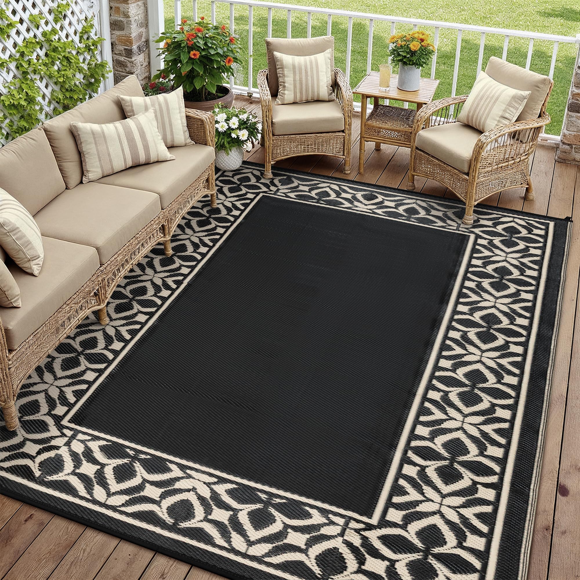 PureCozy outdoor rug displayed on a patio setting