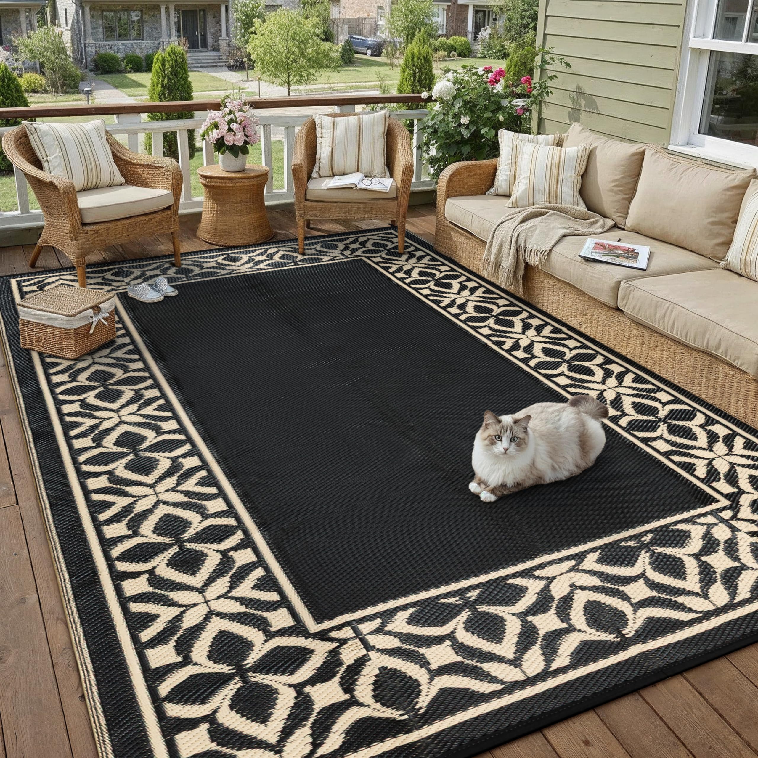 PureCozy outdoor rug displayed on a patio setting