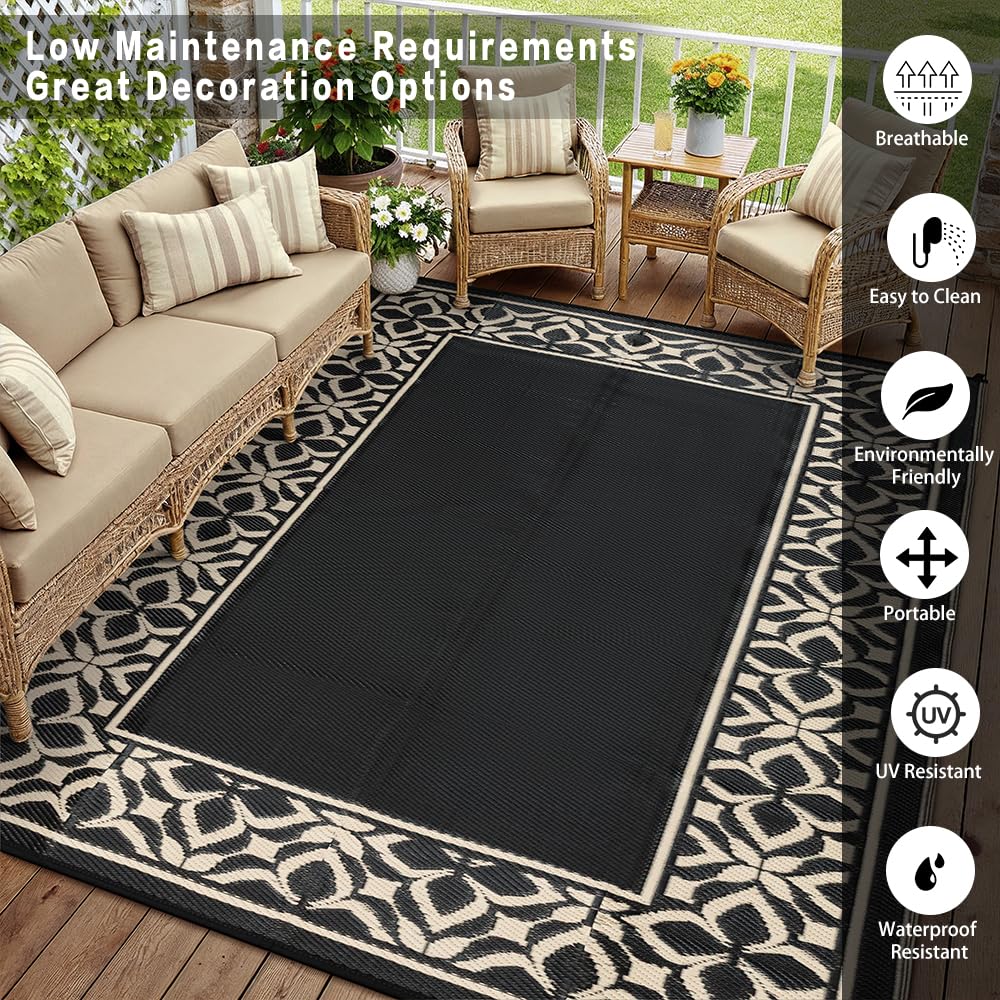 PureCozy outdoor rug in a garden with flowers
