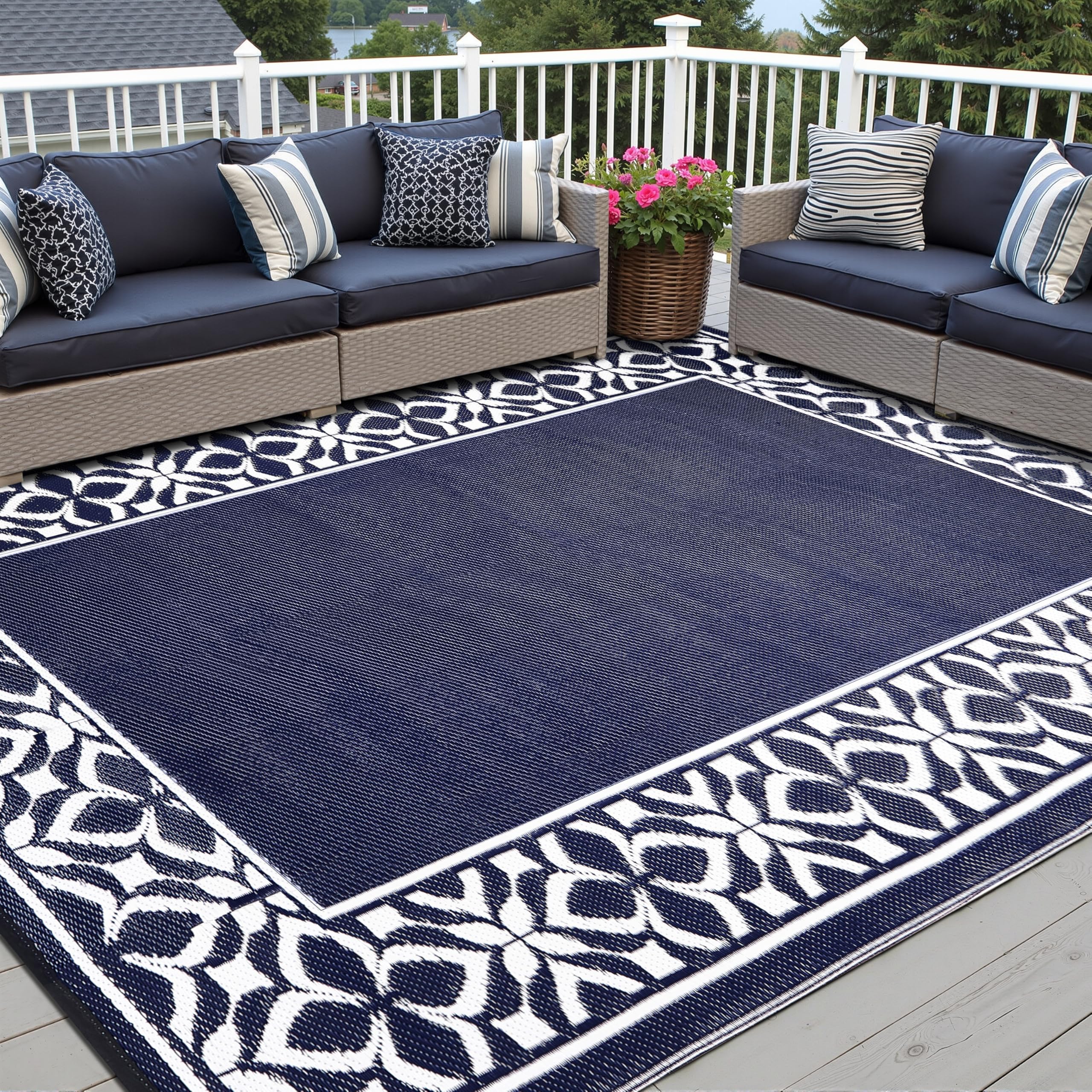 PureCozy outdoor rug showing reversible design