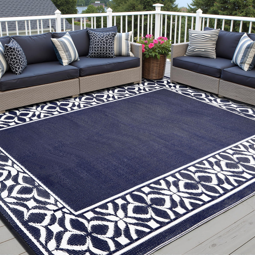 PureCozy outdoor rug showing reversible design