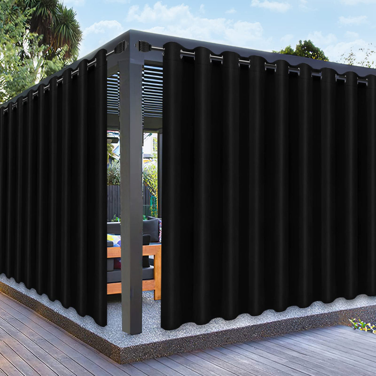 PureFit Outdoor Curtain black panel front view 150"W x 84"L
