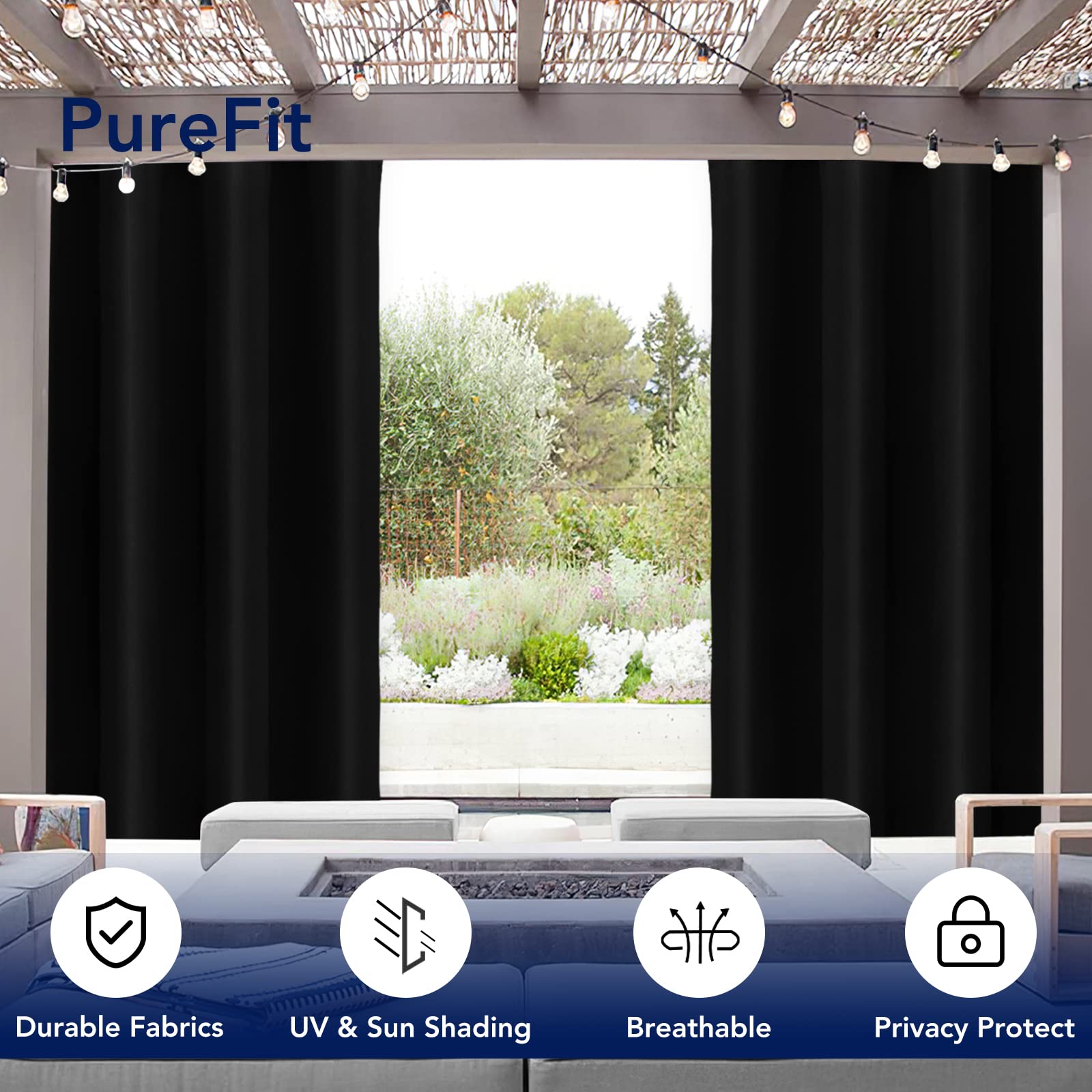 PureFit Outdoor Curtain hanging on patio