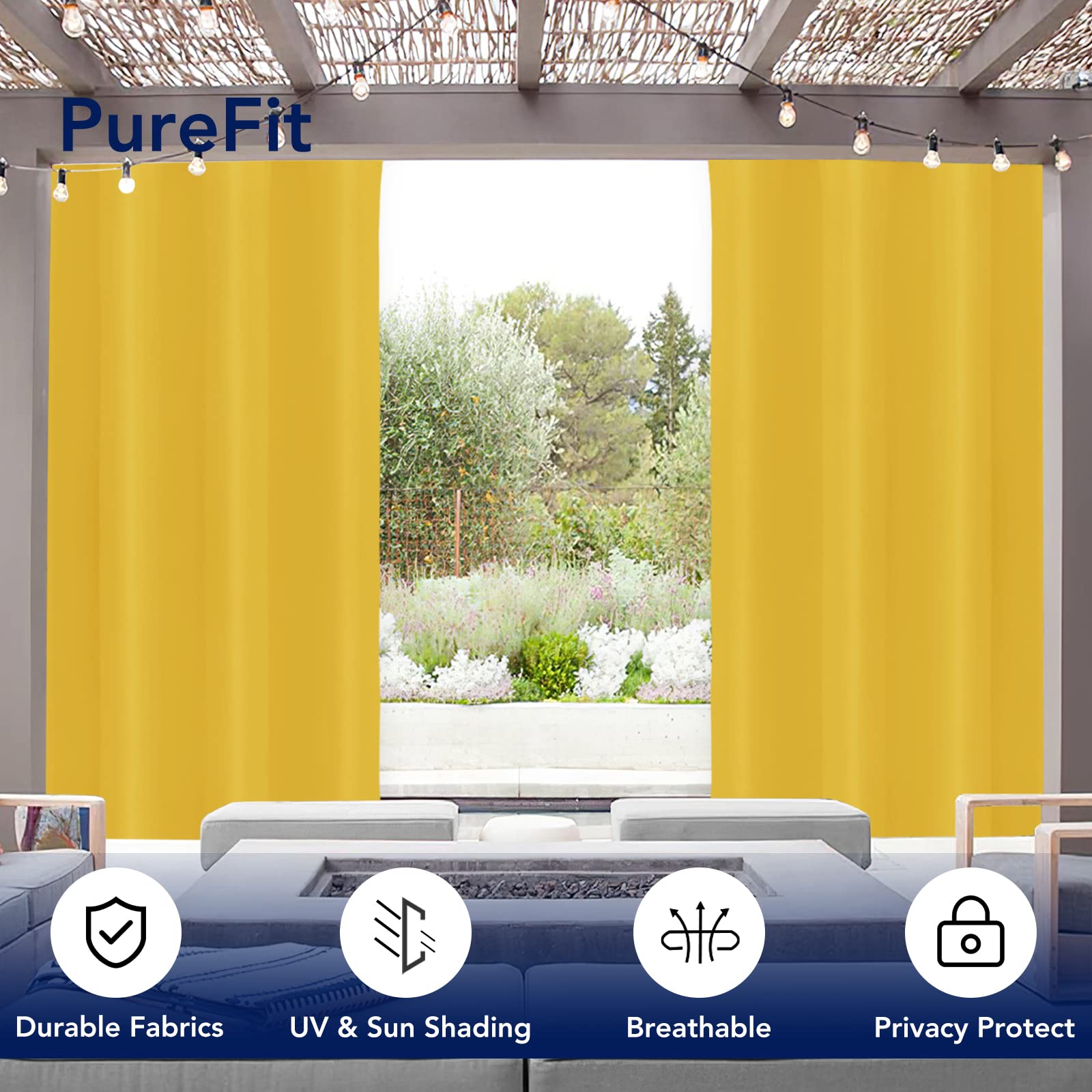 PureFit Outdoor Curtain hanging on patio