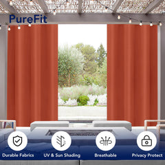 PureFit Outdoor Curtain Red Clay hanging on patio