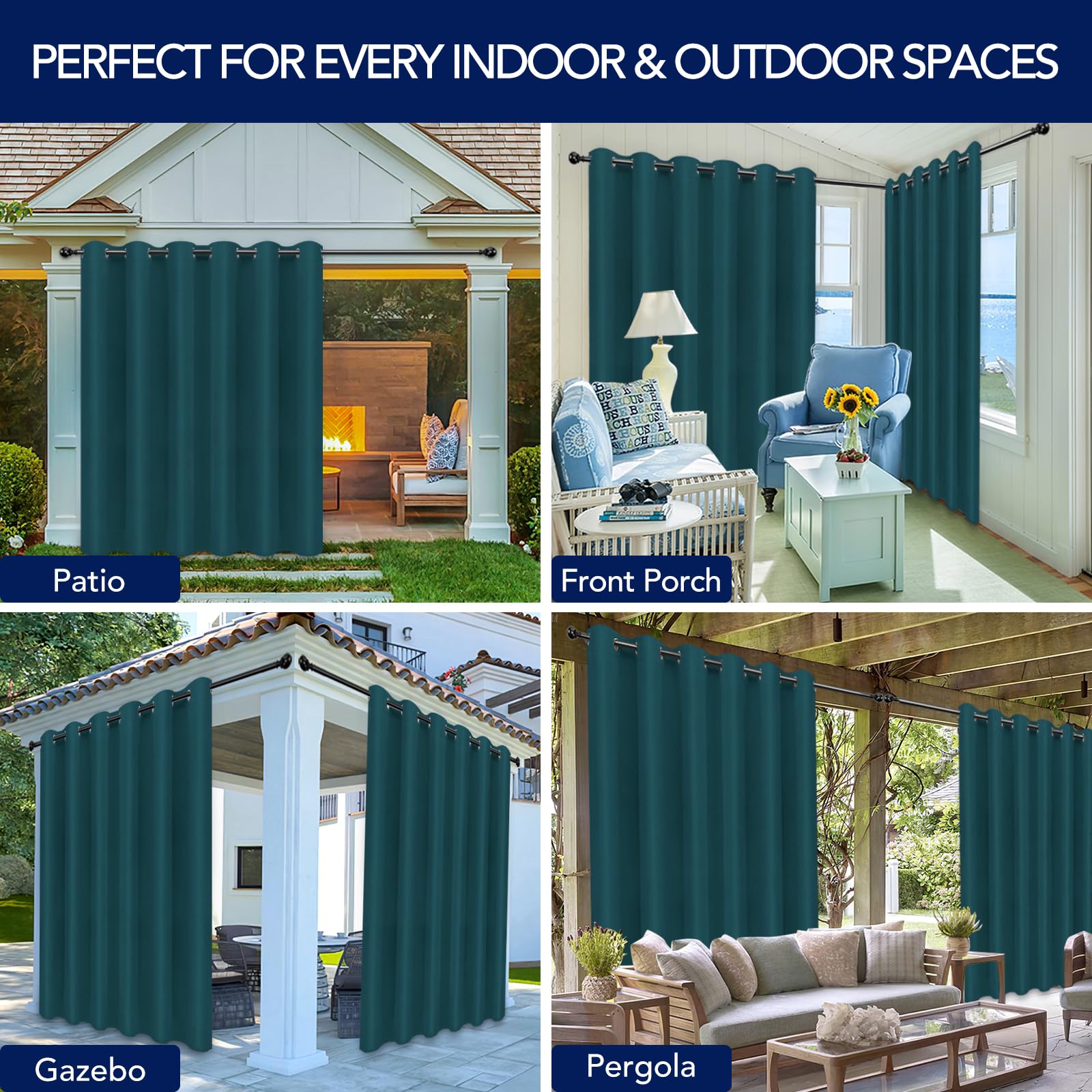 PureFit outdoor curtains filtering sunlight on a porch