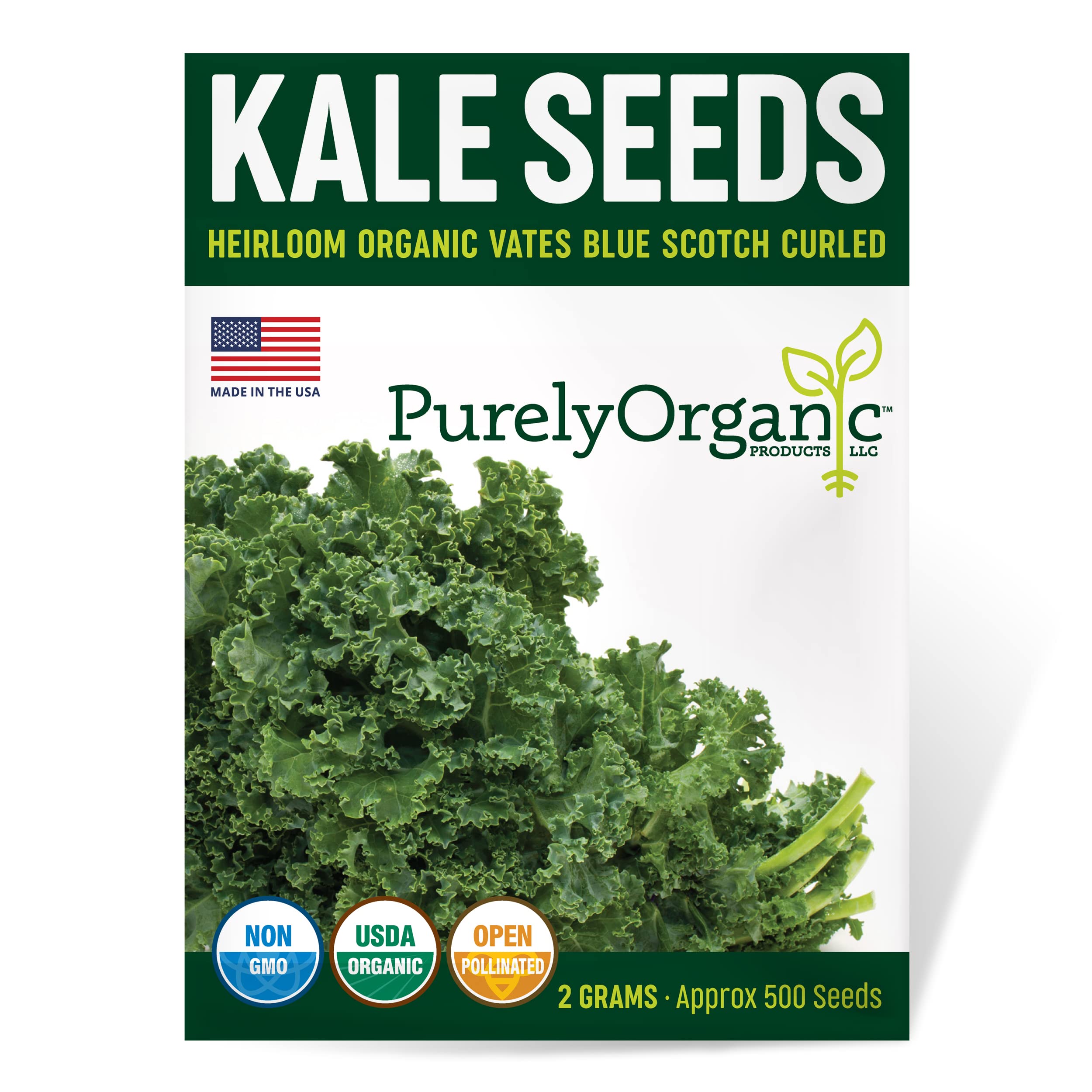 Purely Organic Kale Seeds packet front view with blue-green kale seeds