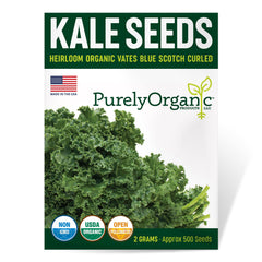 Purely Organic Kale Seeds packet front view with blue-green kale seeds