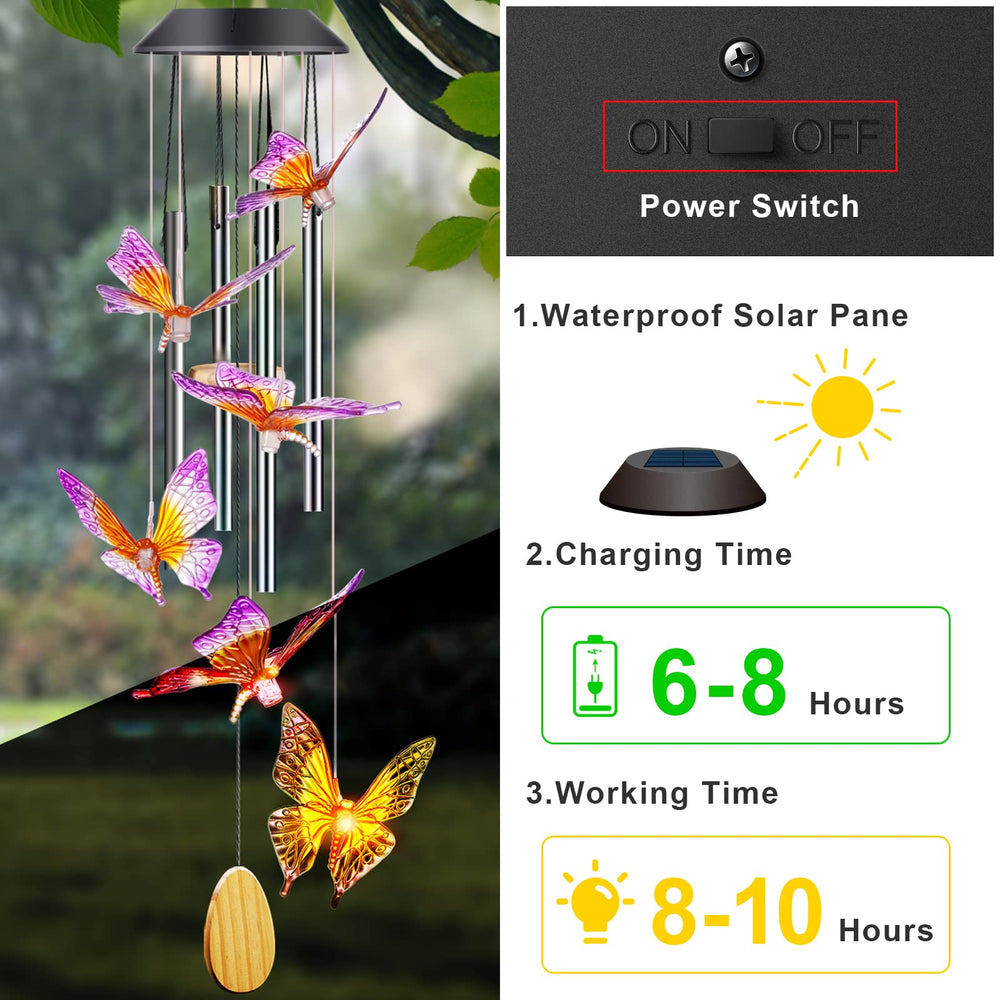 Purple Orange Butterfly Wind Chimes displayed at night