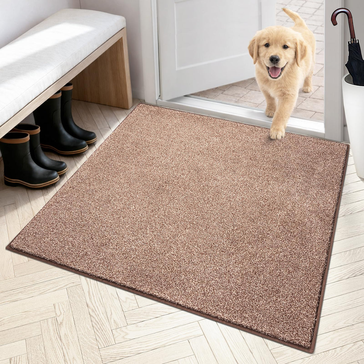 PURRUGS Dirt Trapping Indoor Door Mat front view, Brown-Light Cream