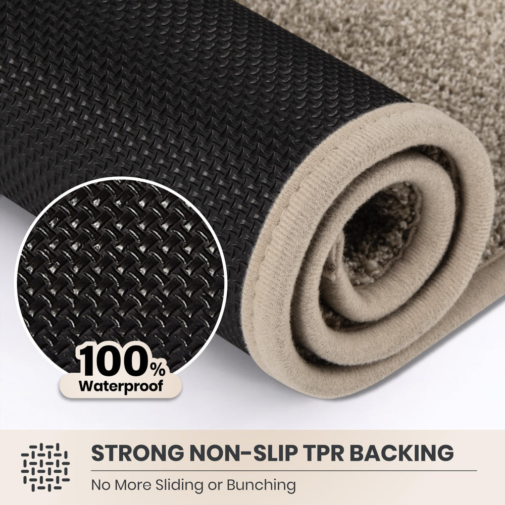 PURRUGS Dirt Trapping Indoor Door Mat, Taupe, in front of a door
