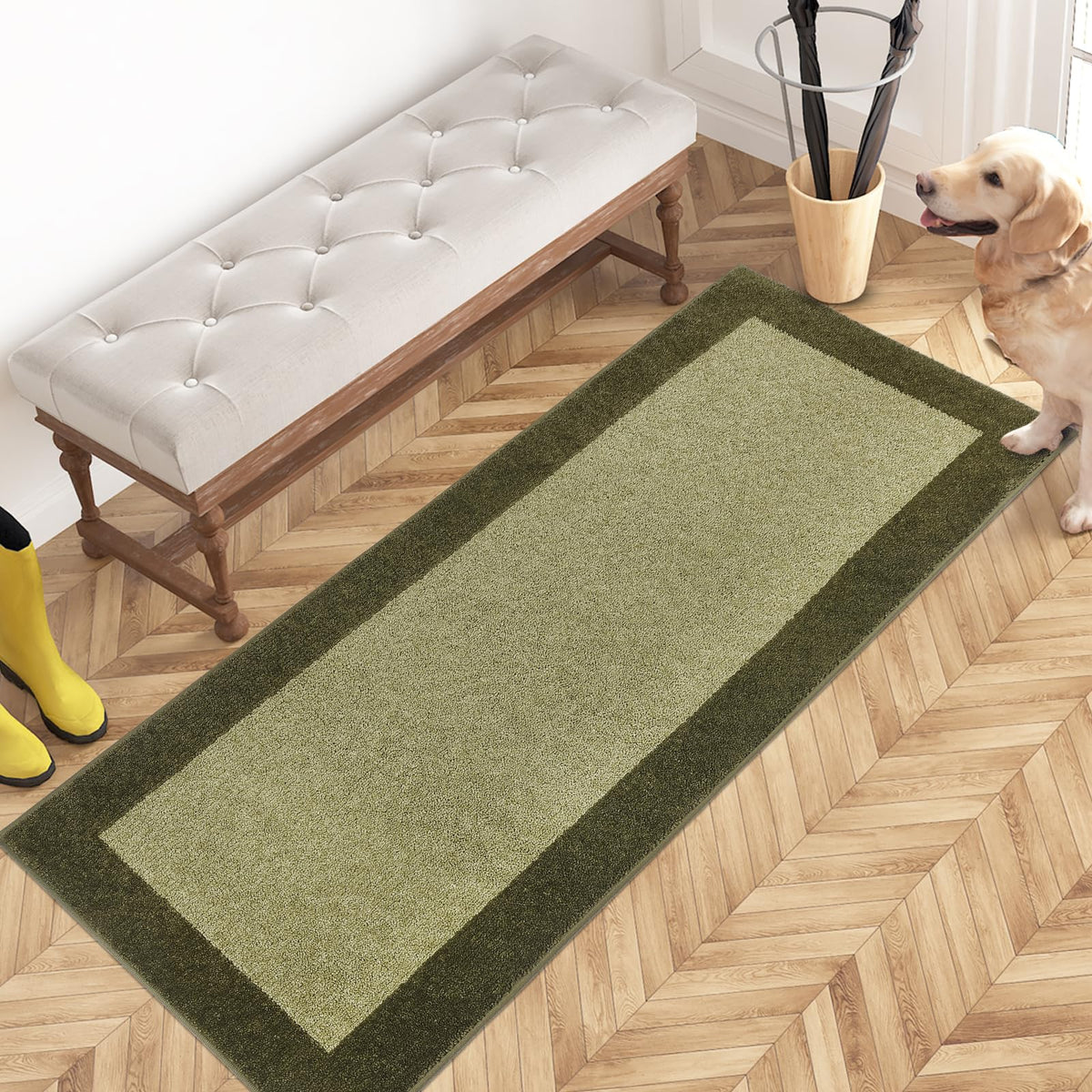 PURRUGS Hallway Runner Rug front view in Budding Green & Sage Green