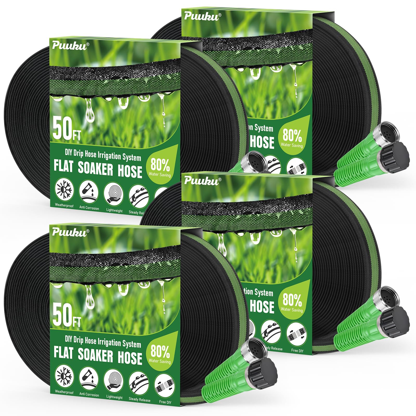 PUUKU Flat Soaker Hose 200FT in packaging with connectors