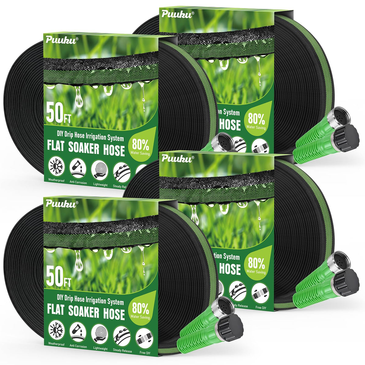 PUUKU Flat Soaker Hose 200FT in packaging with connectors