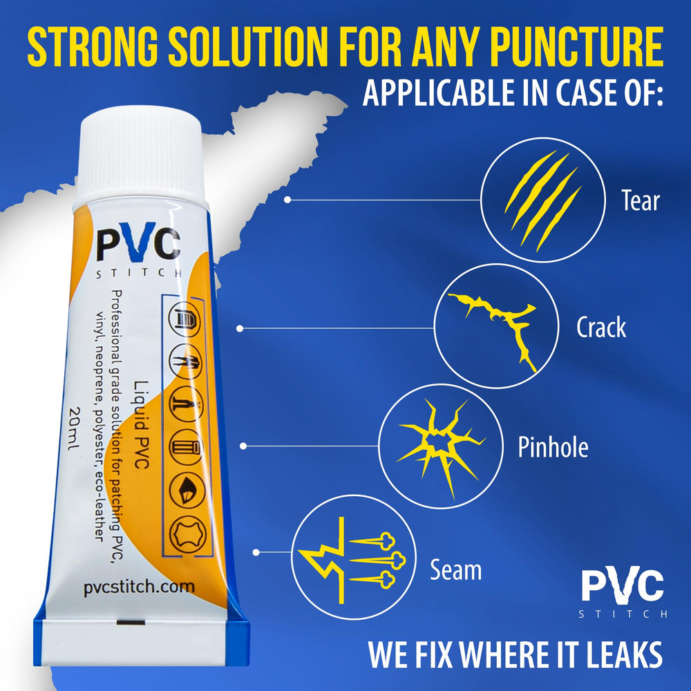 PVC Stitch Liquid Patch Kit application on inflatable gear