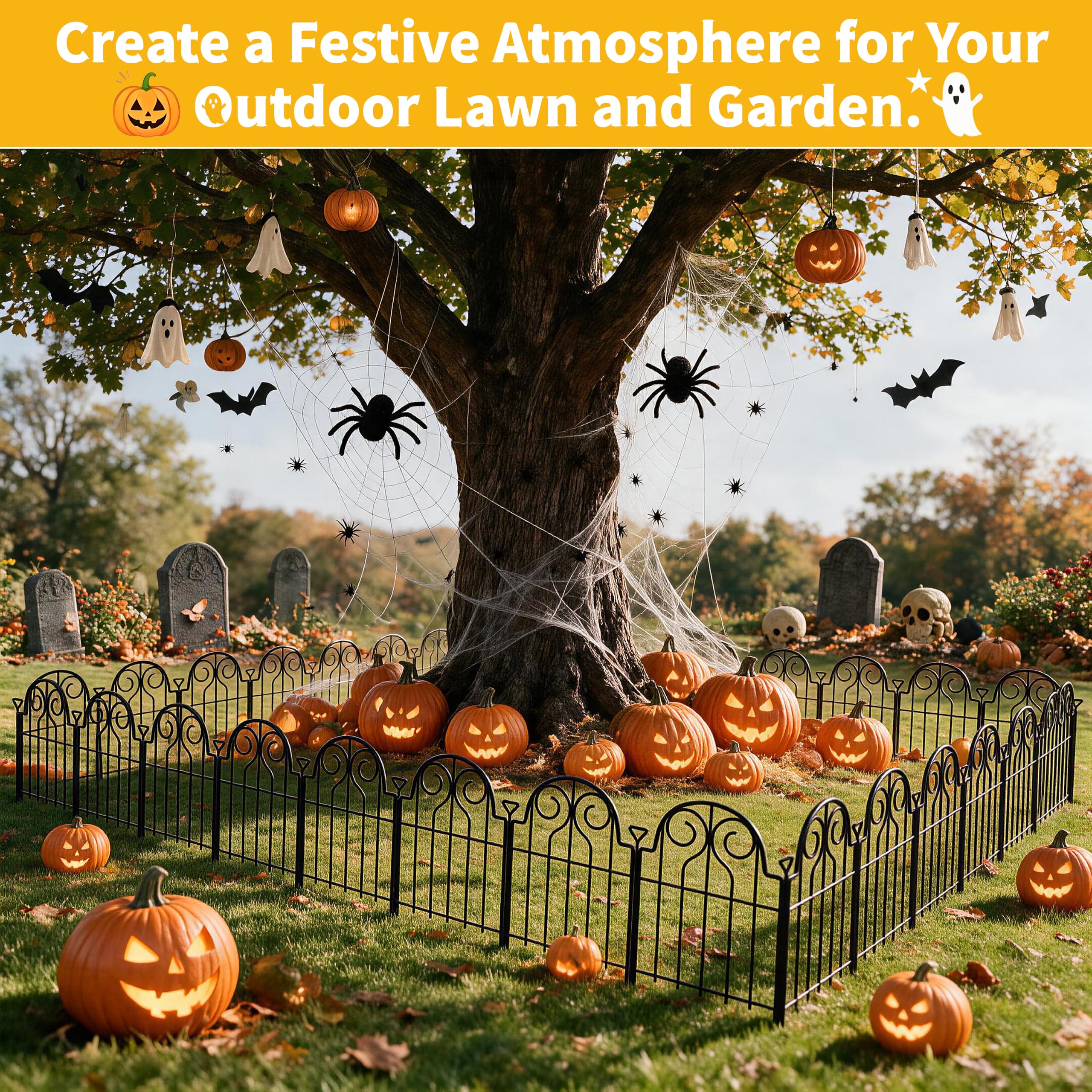 Pvpy Yvrd decorative fence surrounding Halloween display