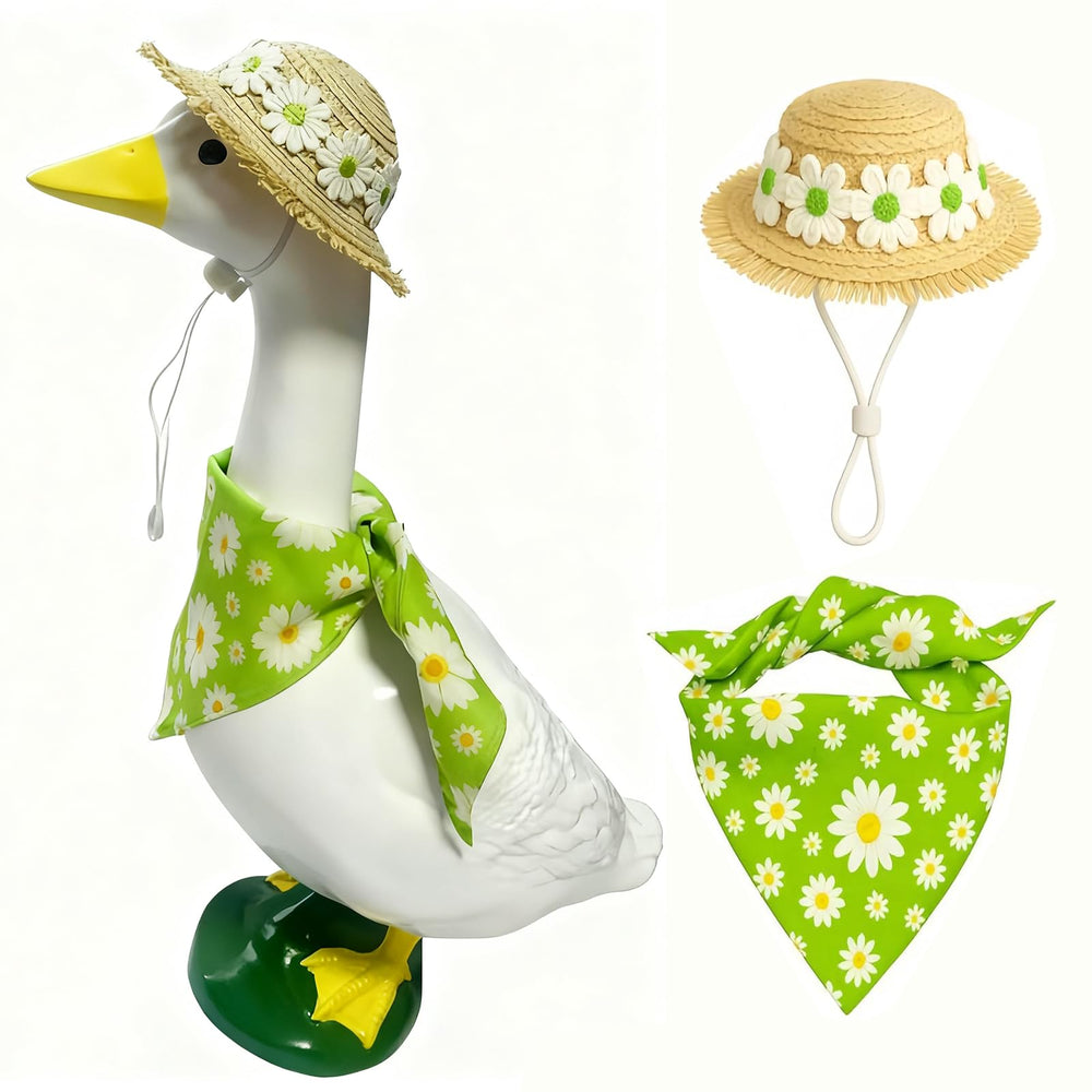 Pwefopessc Lawn Goose Costume Set with straw hat and daisy scarf