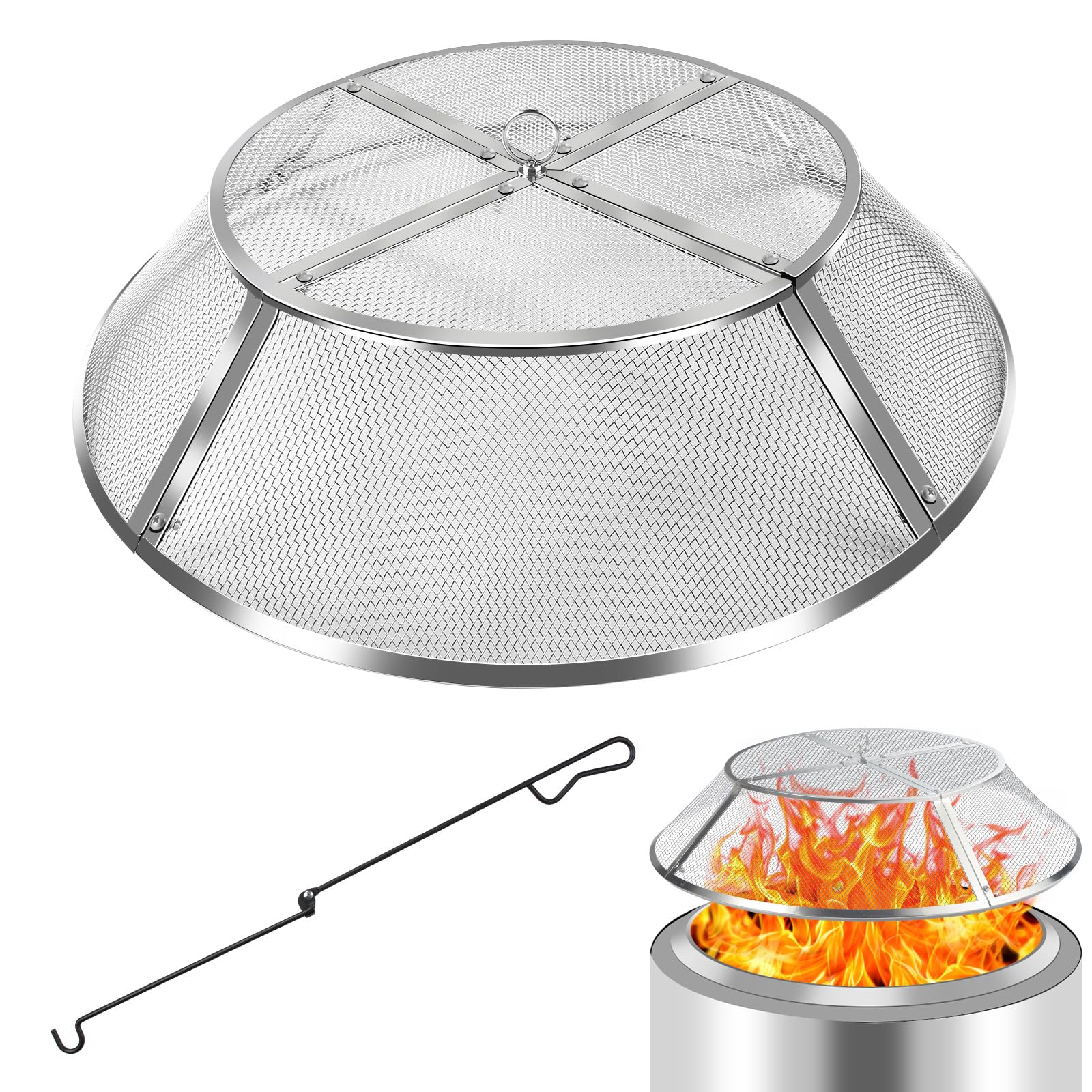 PWSOMJ 15-inch fire pit spark screen front view with stainless steel mesh