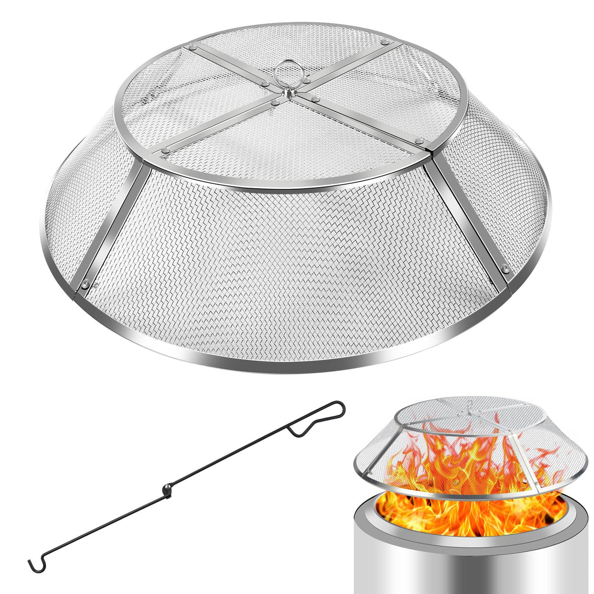 PWSOMJ 15-inch fire pit spark screen front view with stainless steel mesh