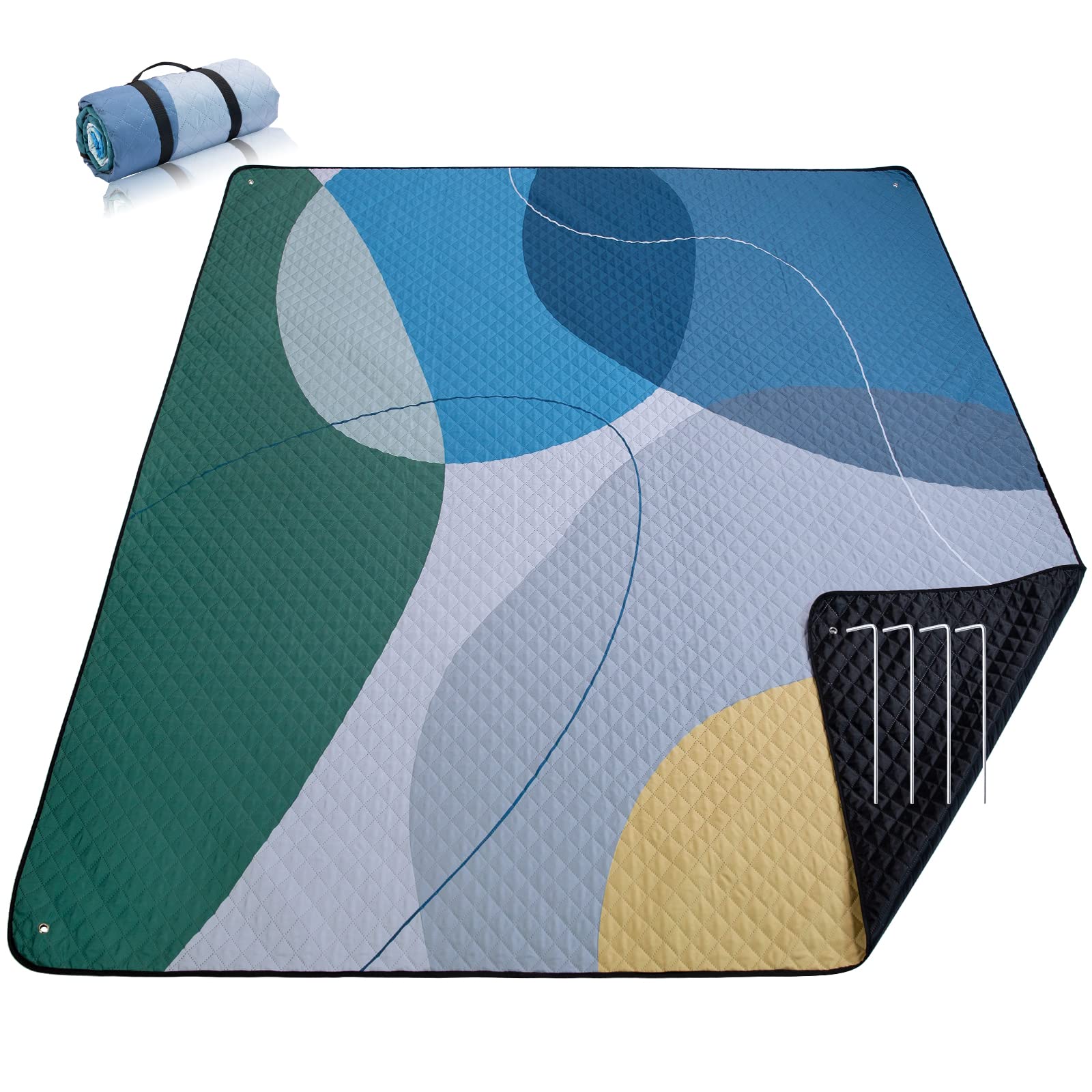 PY SUPER MODE picnic blanket front view, abstract blue design