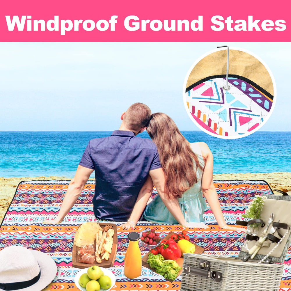 PY SUPER MODE Picnic Blanket showing corner pockets with sand