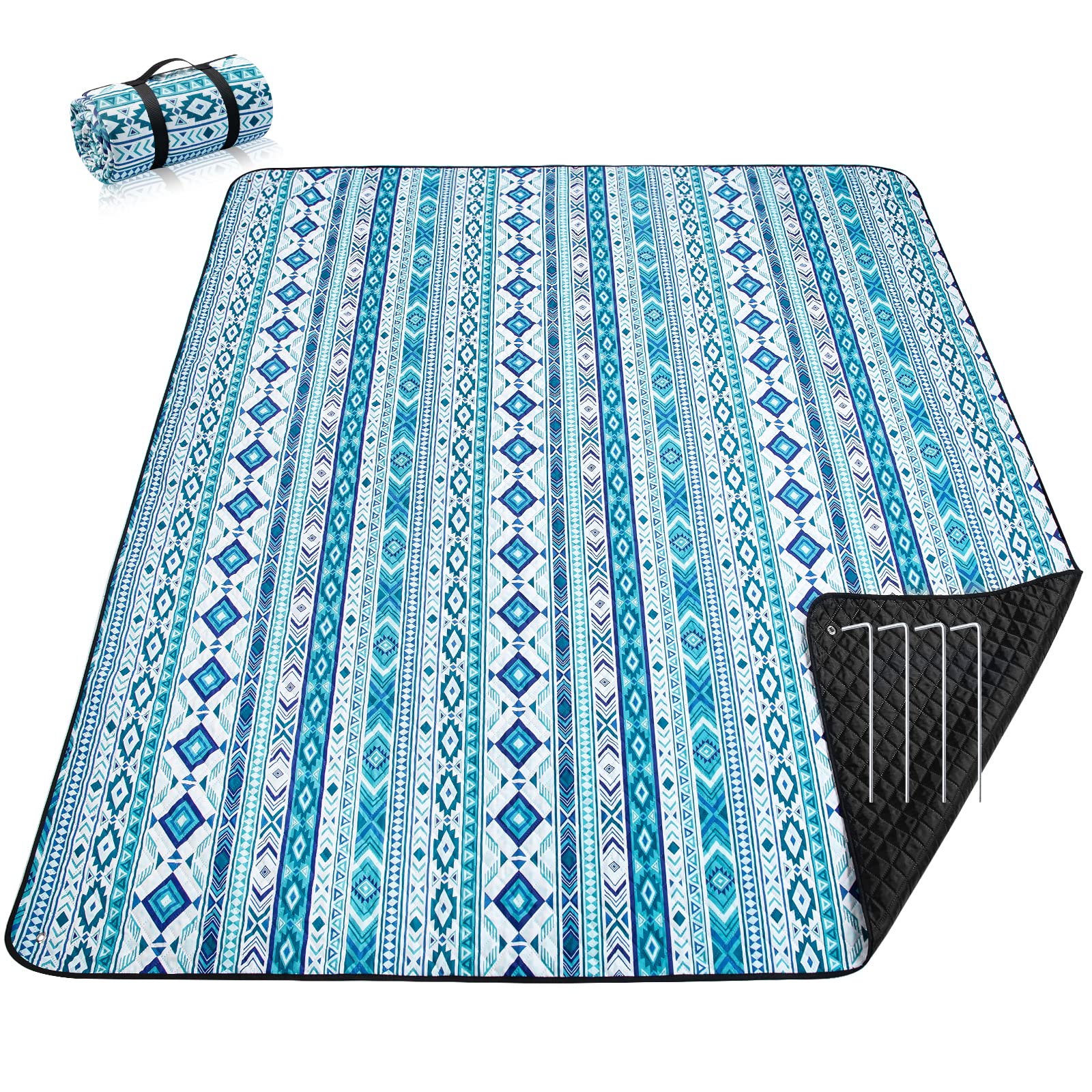 PY SUPER MODE picnic blanket teal boho design front view