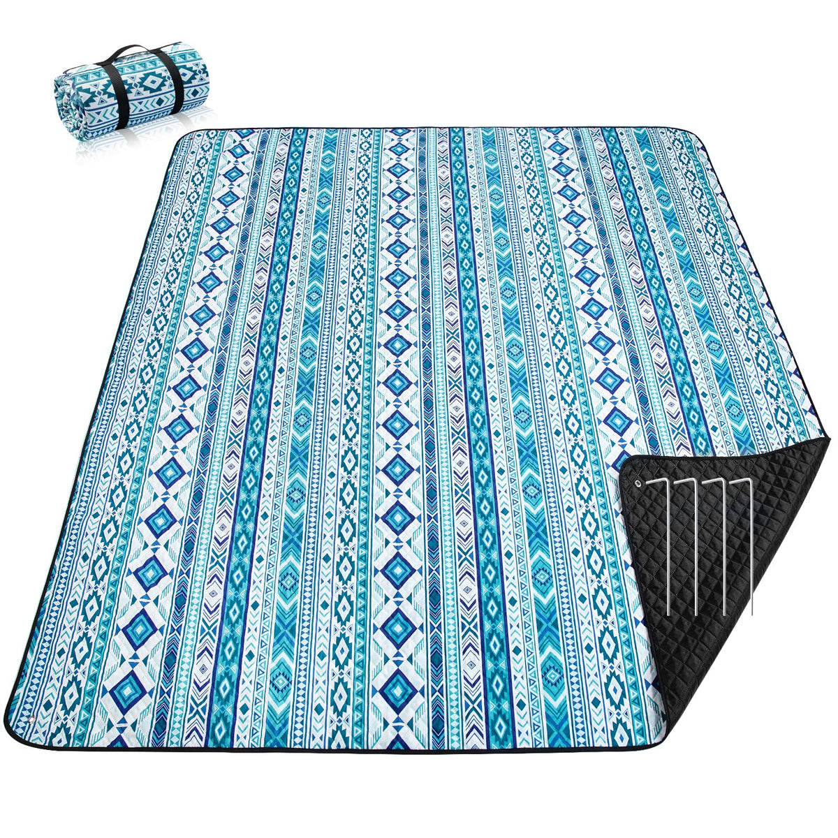 PY SUPER MODE picnic blanket teal boho design front view