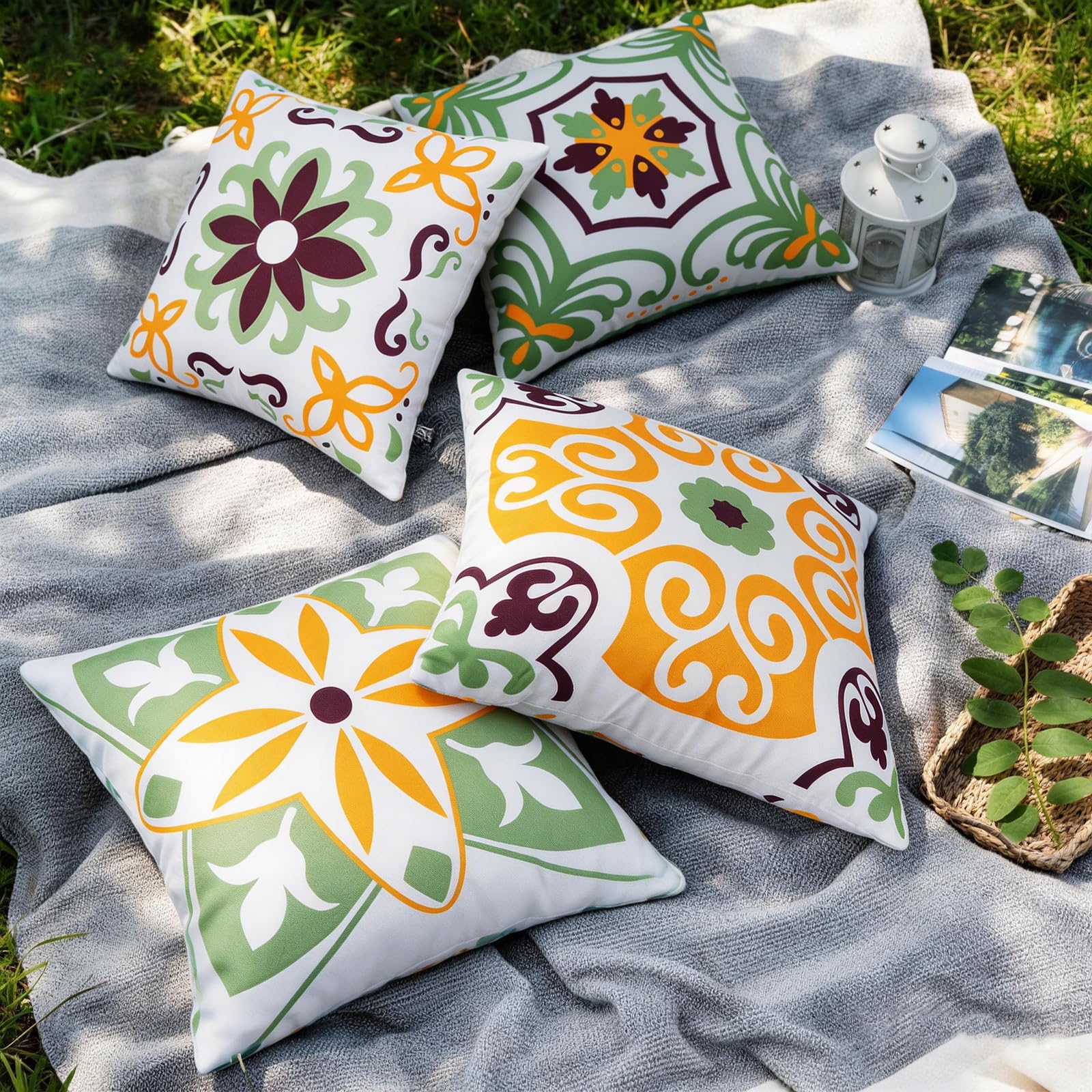 Pyonic Outdoor Pillow Cover in sage green colour against a garden backdrop