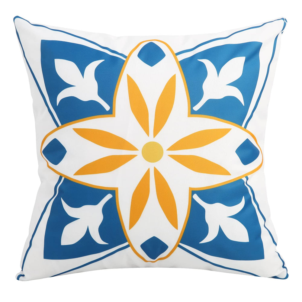 Pyonic outdoor pillow covers displayed in a garden setting