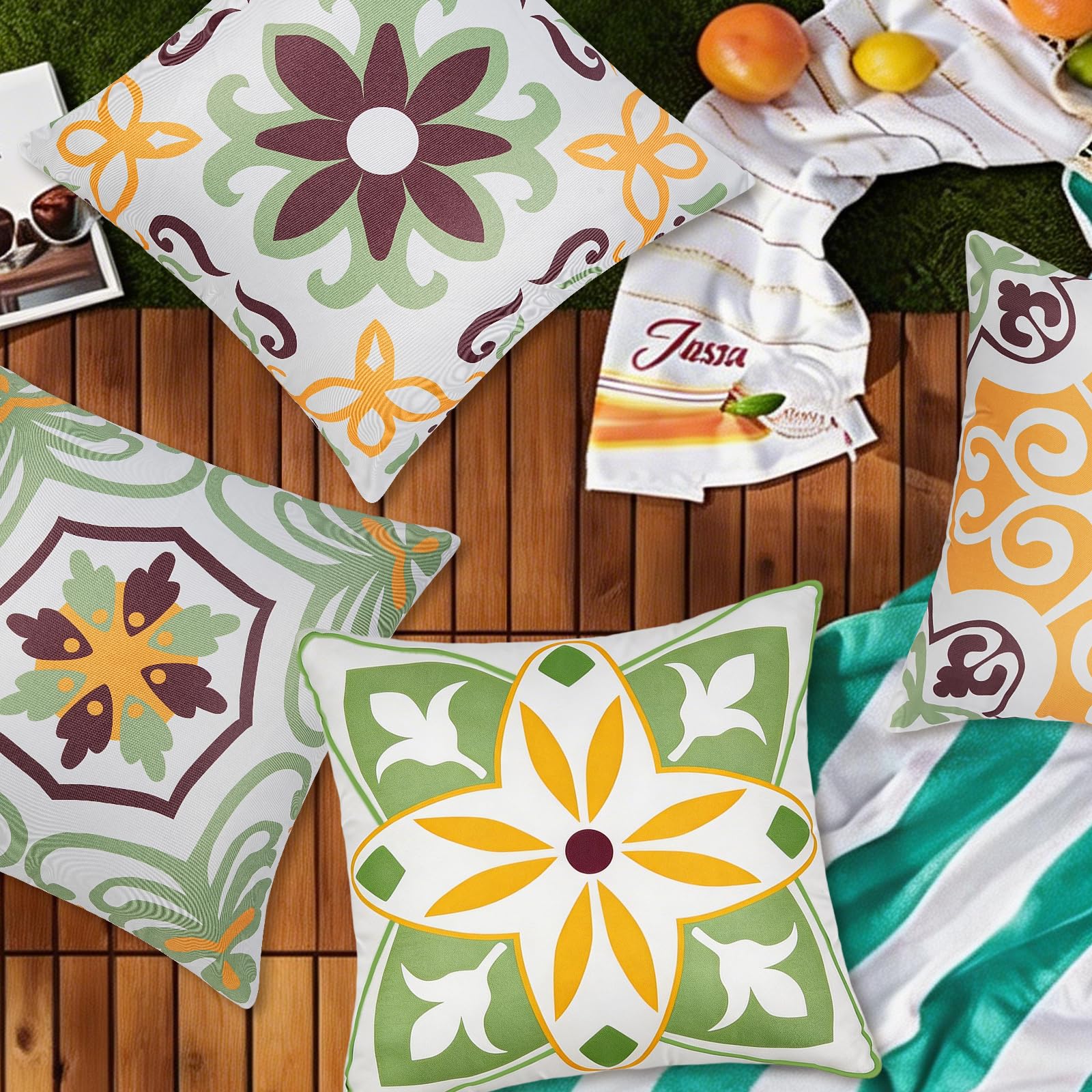 Pyonic Outdoor Pillow Covers set arranged on a picnic blanket