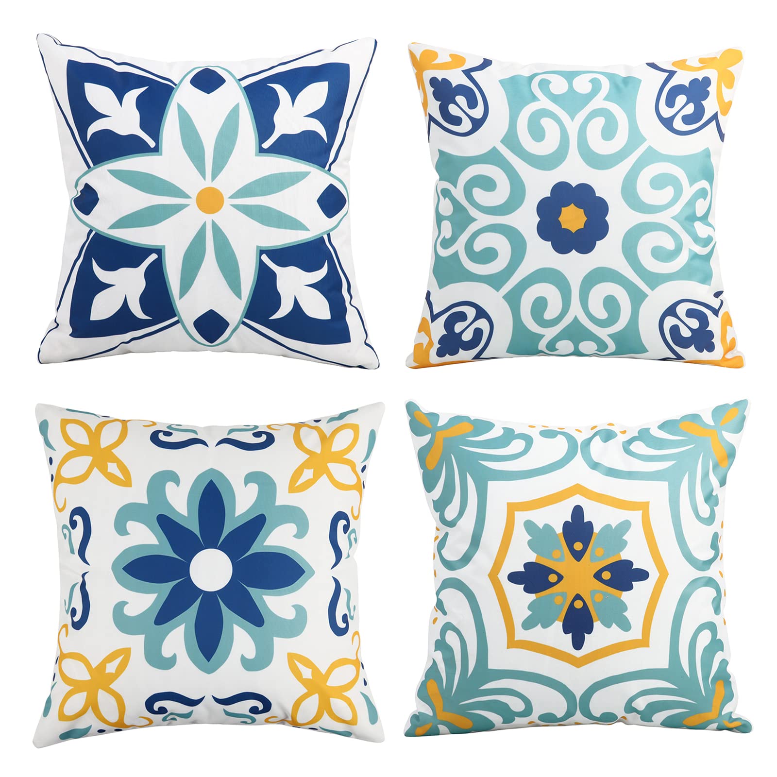 Pyonic Outdoor Pillow Covers set of 4, blue floral design front view
