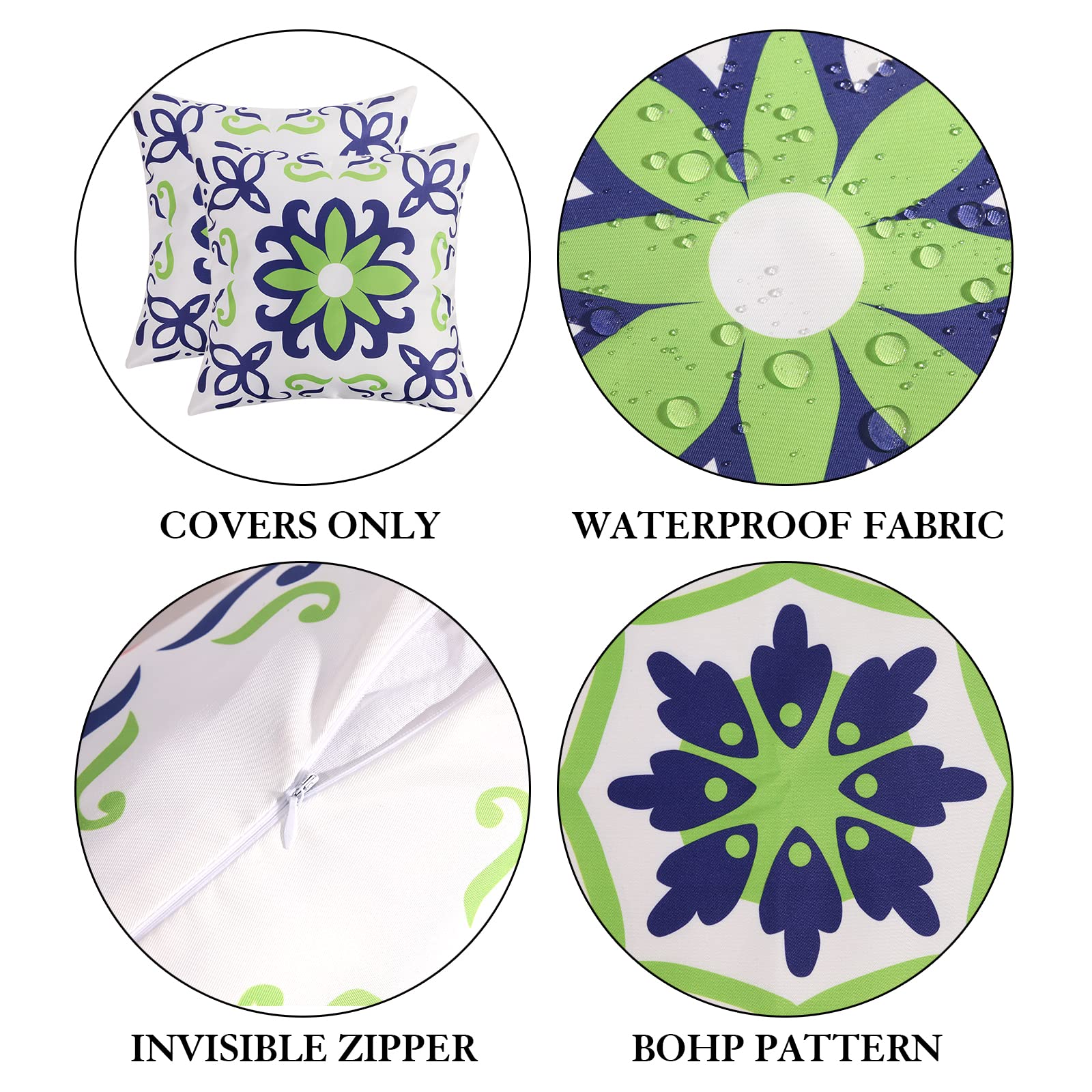 Pyonic pillow covers arranged on patio furniture