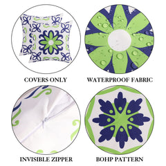 Pyonic pillow covers arranged on patio furniture