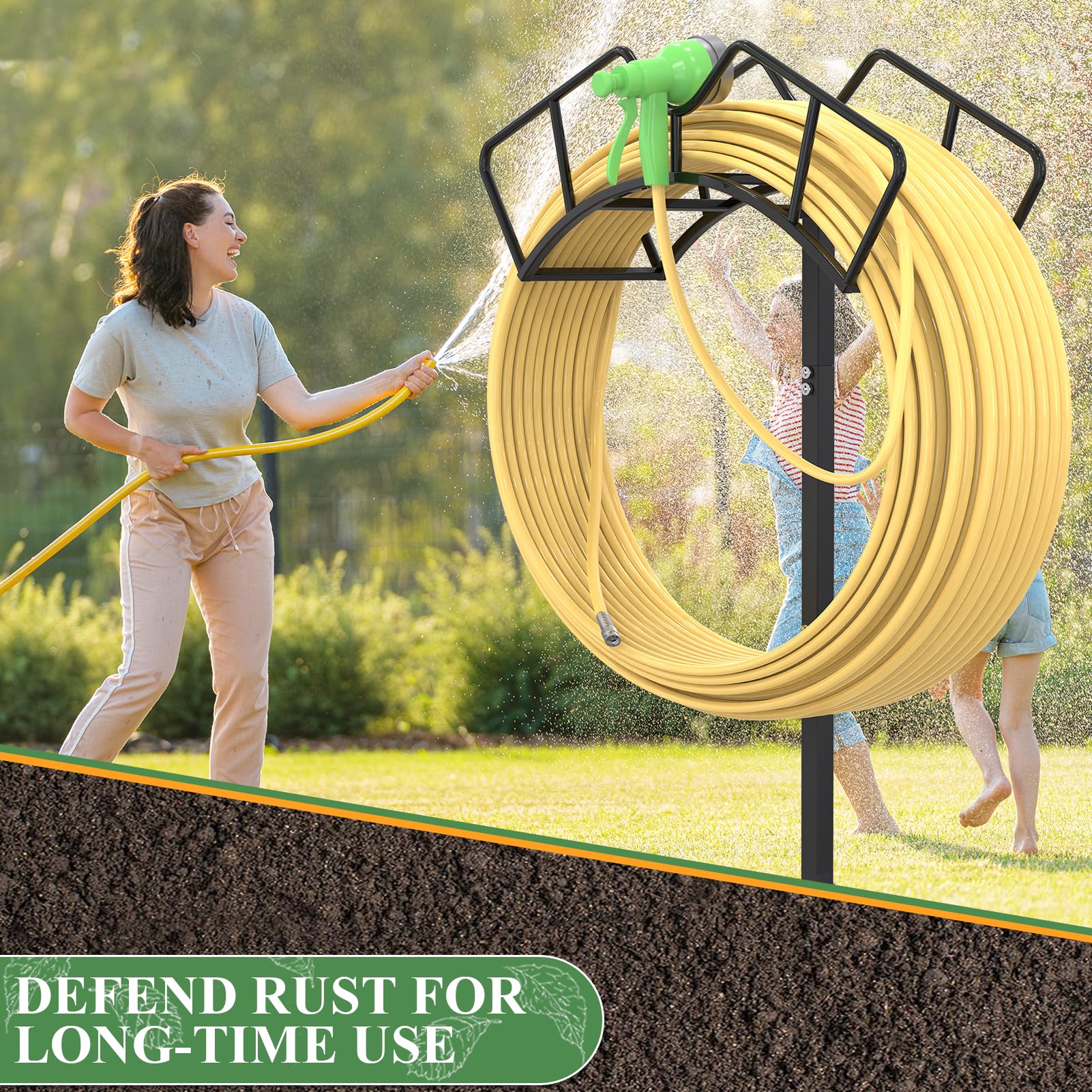 Qatsrin Garden Hose Holder with garden tools organized beside it