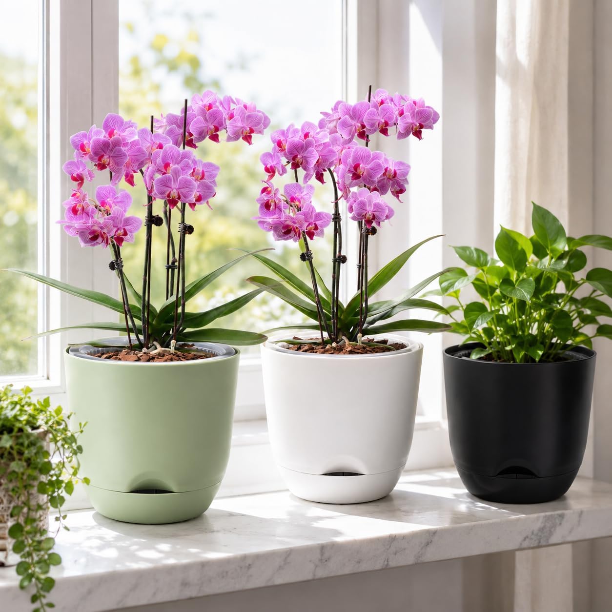 QCQHDU Orchid Pot displayed on a windowsill with orchids