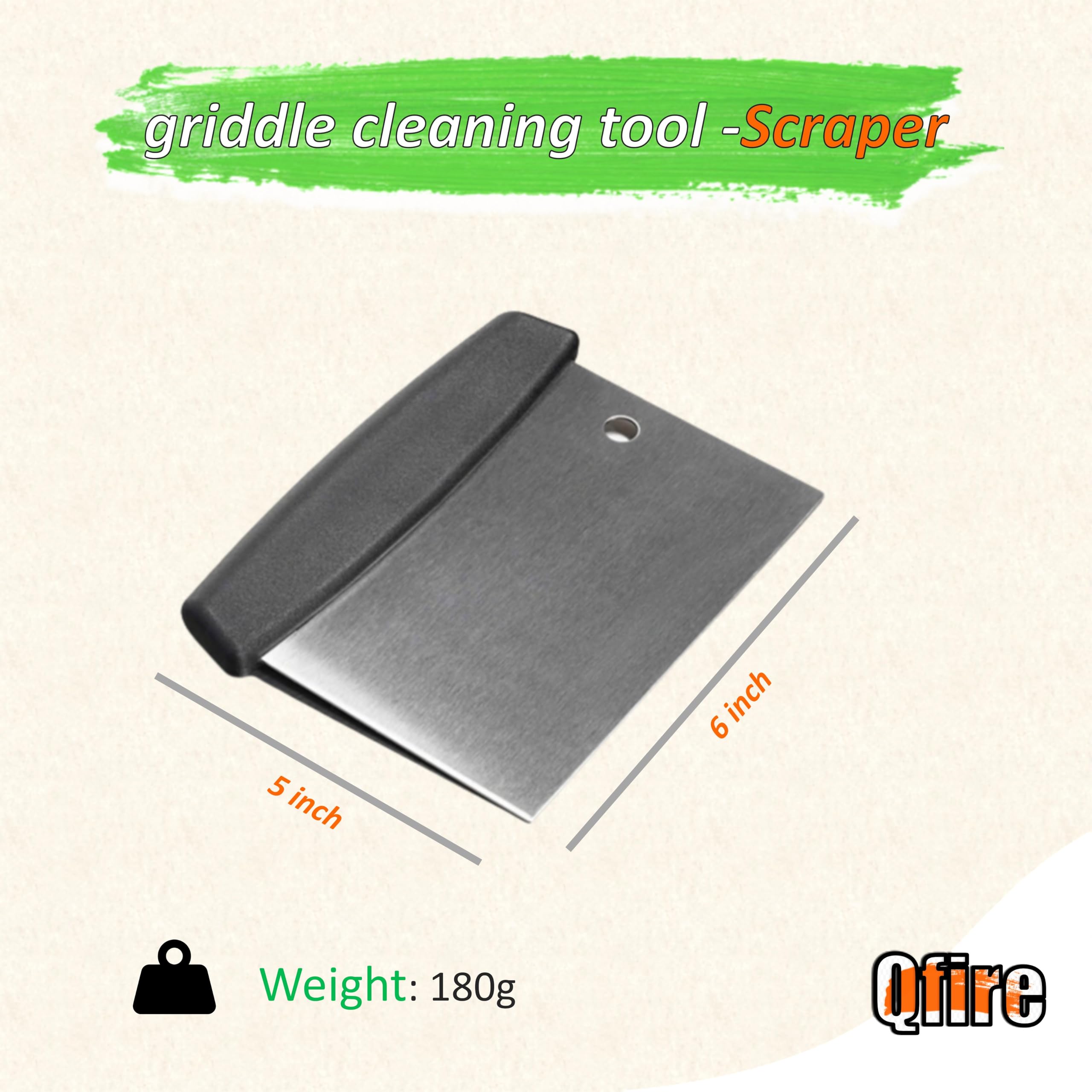 Qfire Griddle Scraper 6-inch close-up of stainless steel blade