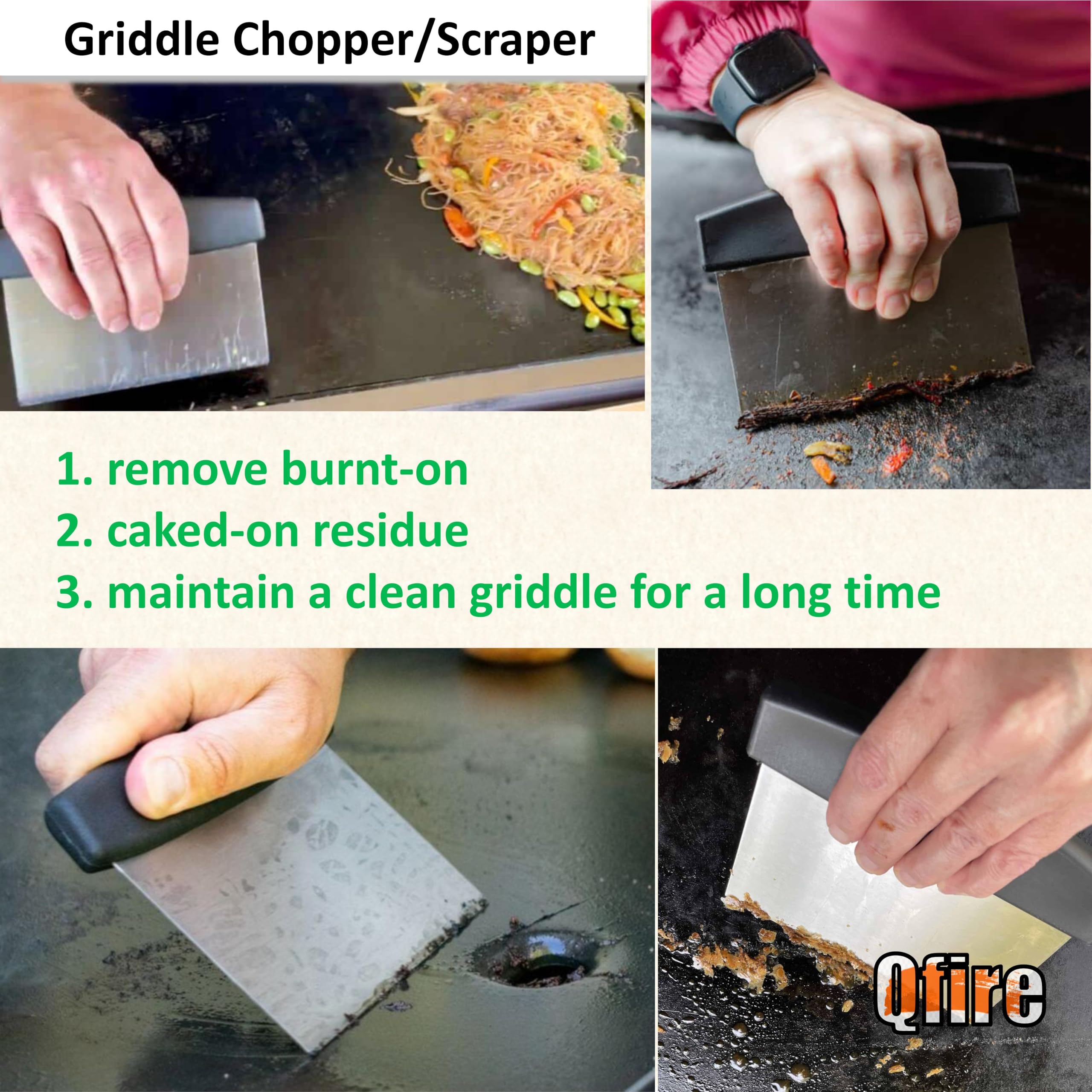 Qfire Griddle Scraper 6-inch held in hand for cleaning