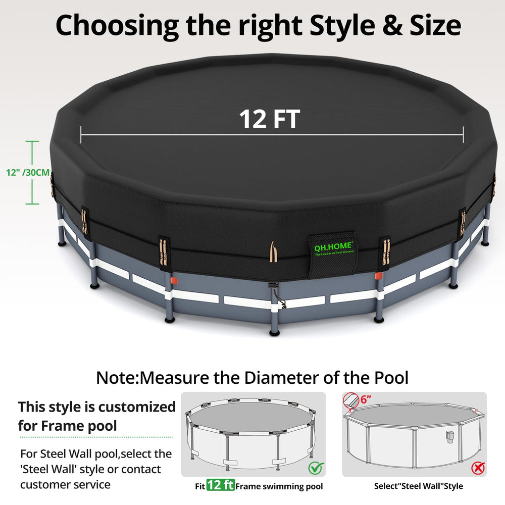 QH.HOME 12 Ft Round Pool Cover with tightening winch and rope