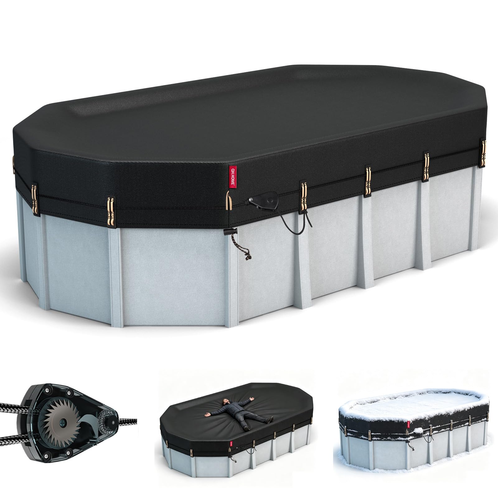 QH.HOME 12x20 ft oval pool cover front view, black