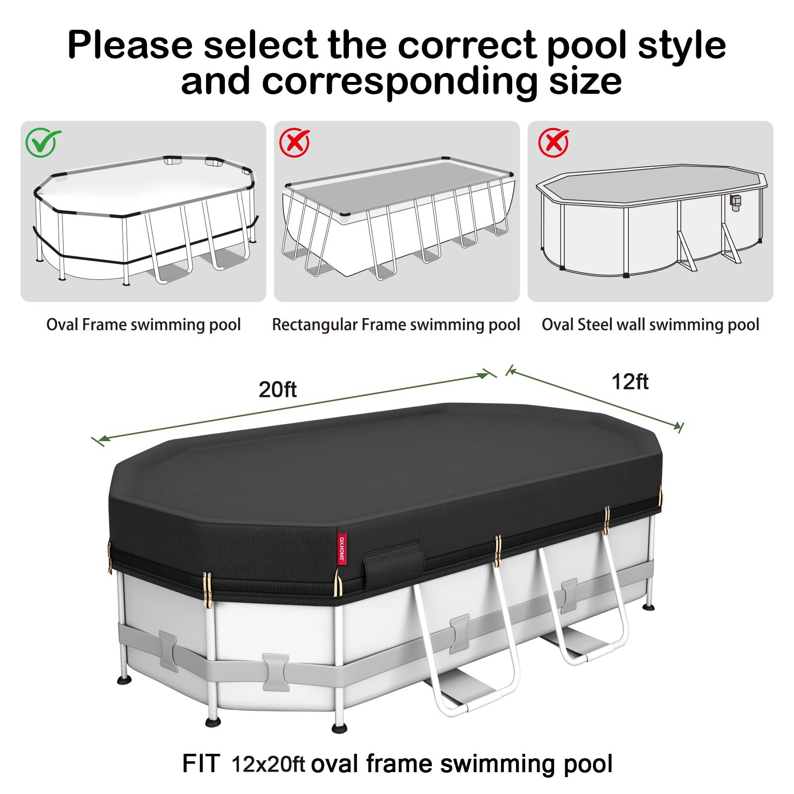 QH.HOME 12x20 FT Oval Pool Cover showing heavy-duty ratchet strap
