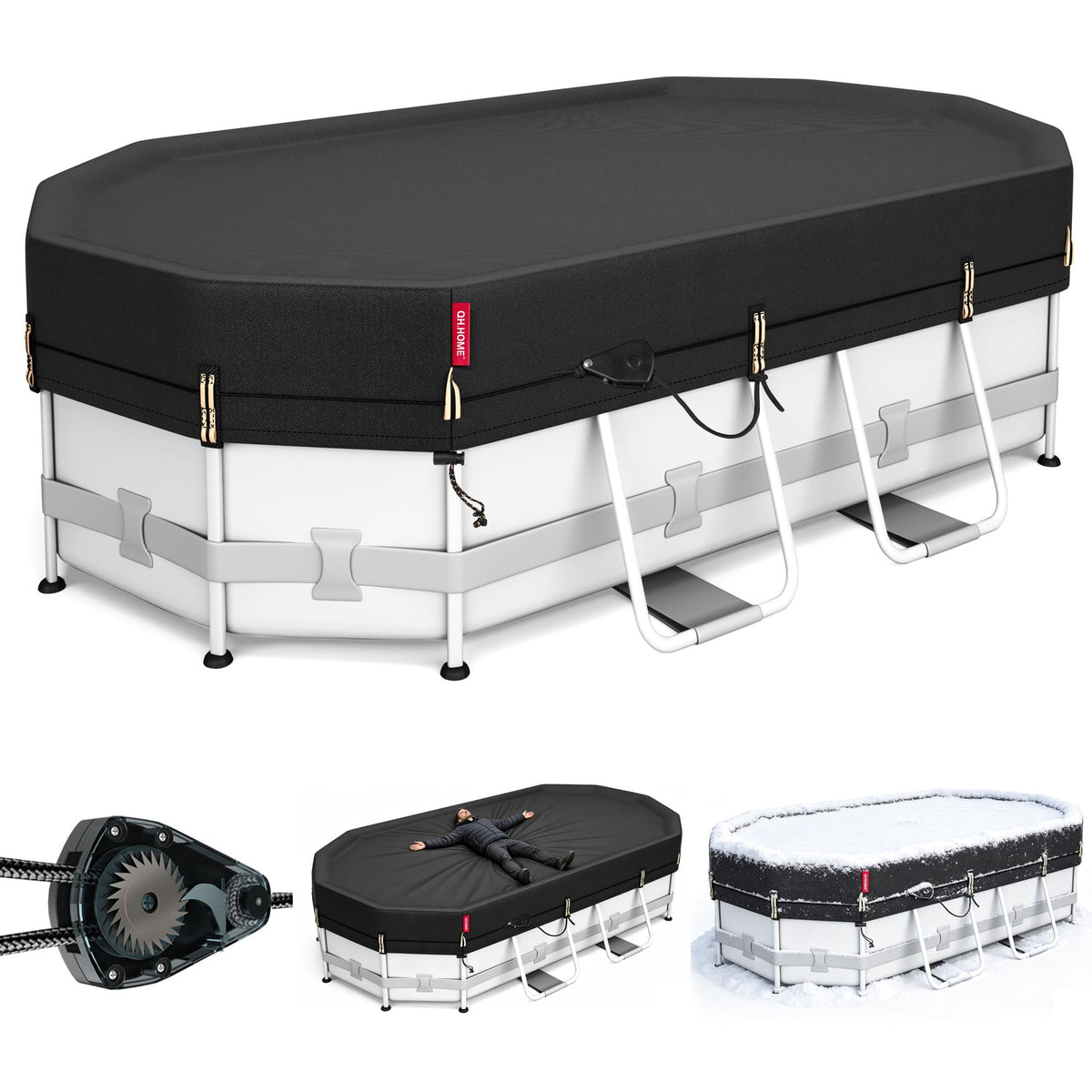 QH.HOME 12x20ft Winter Oval Pool Cover in black, front view