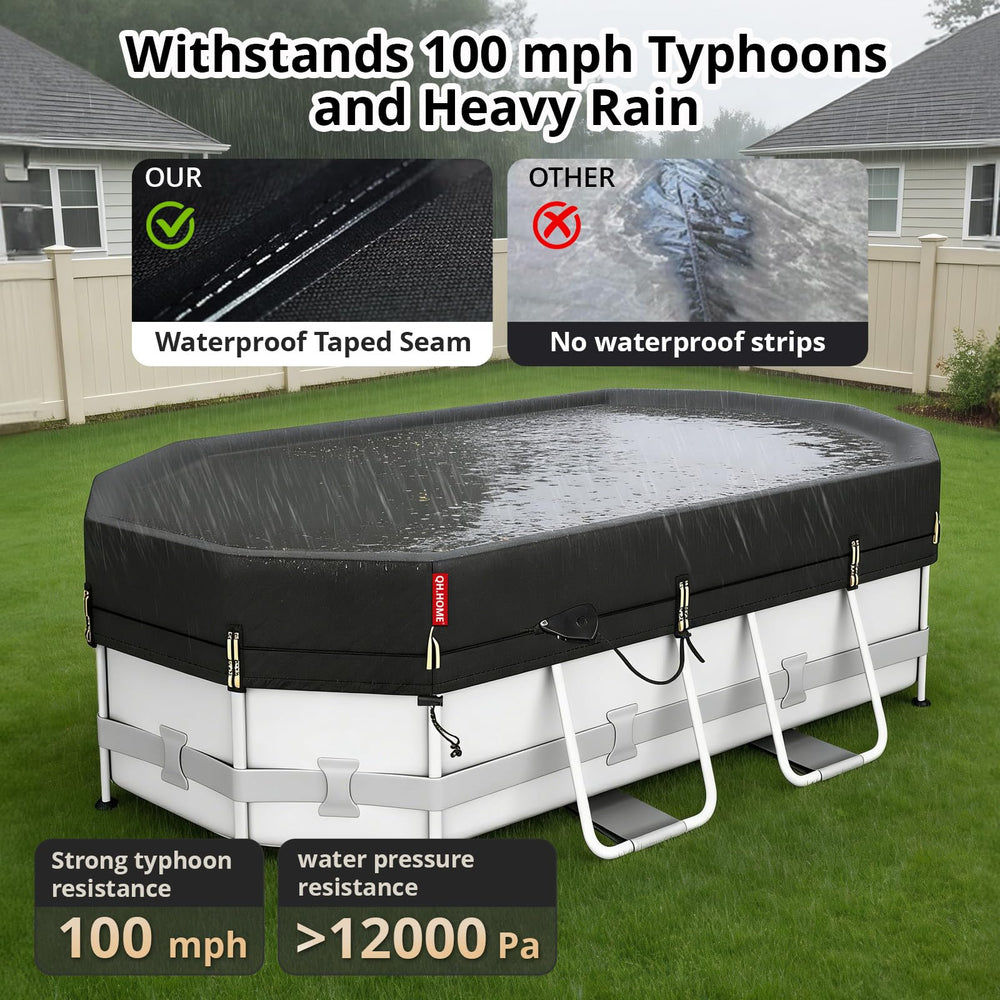 QH.HOME 12x22ft Pool Cover showing waterproof seams